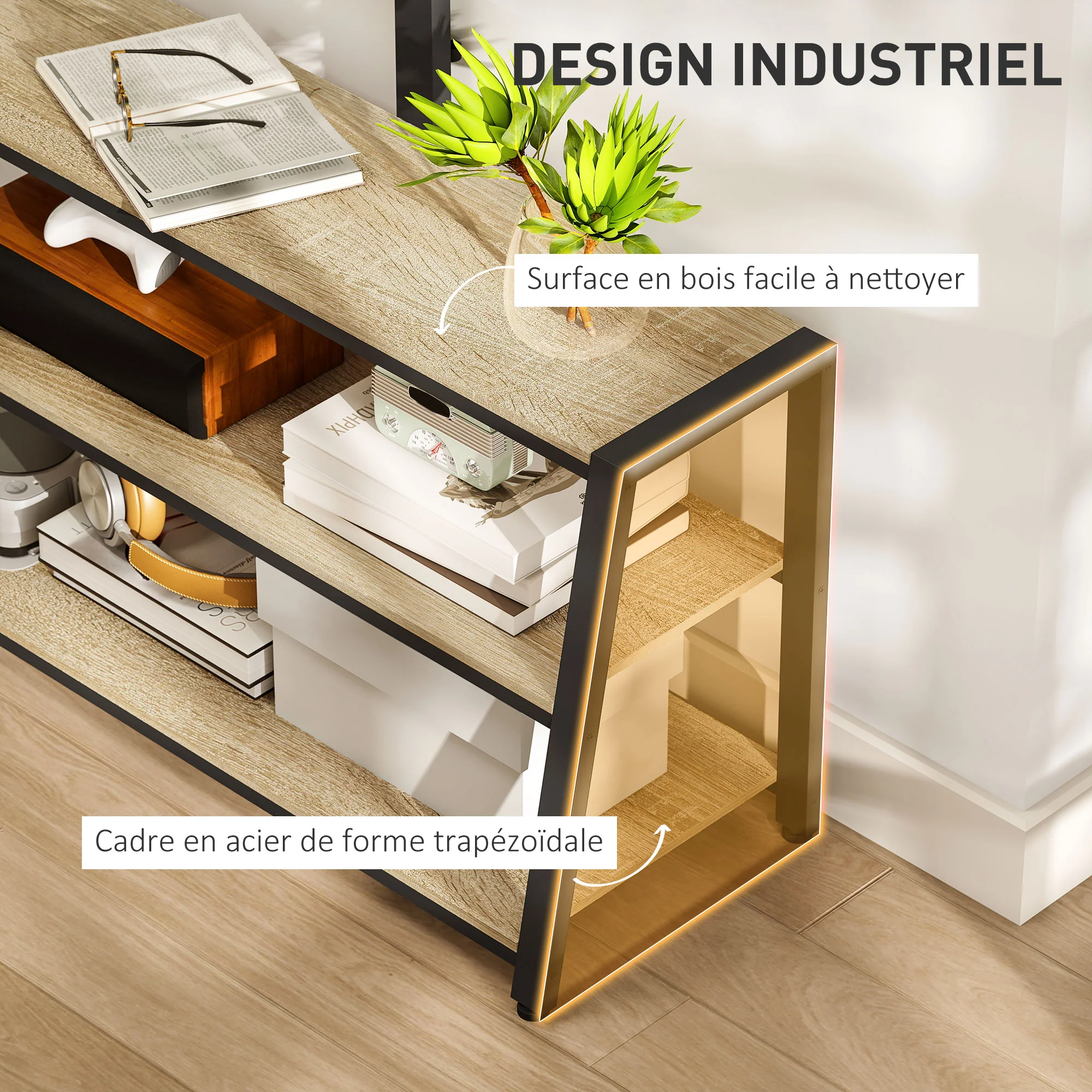 Meuble TV avec support orientable 35°, meuble télé pour téléviseurs de 32-70 pouces, étagères ouvertes, banc TV industriel pour salon chambre à coucher, 108x41x135cm, effet bois naturel - Image 7