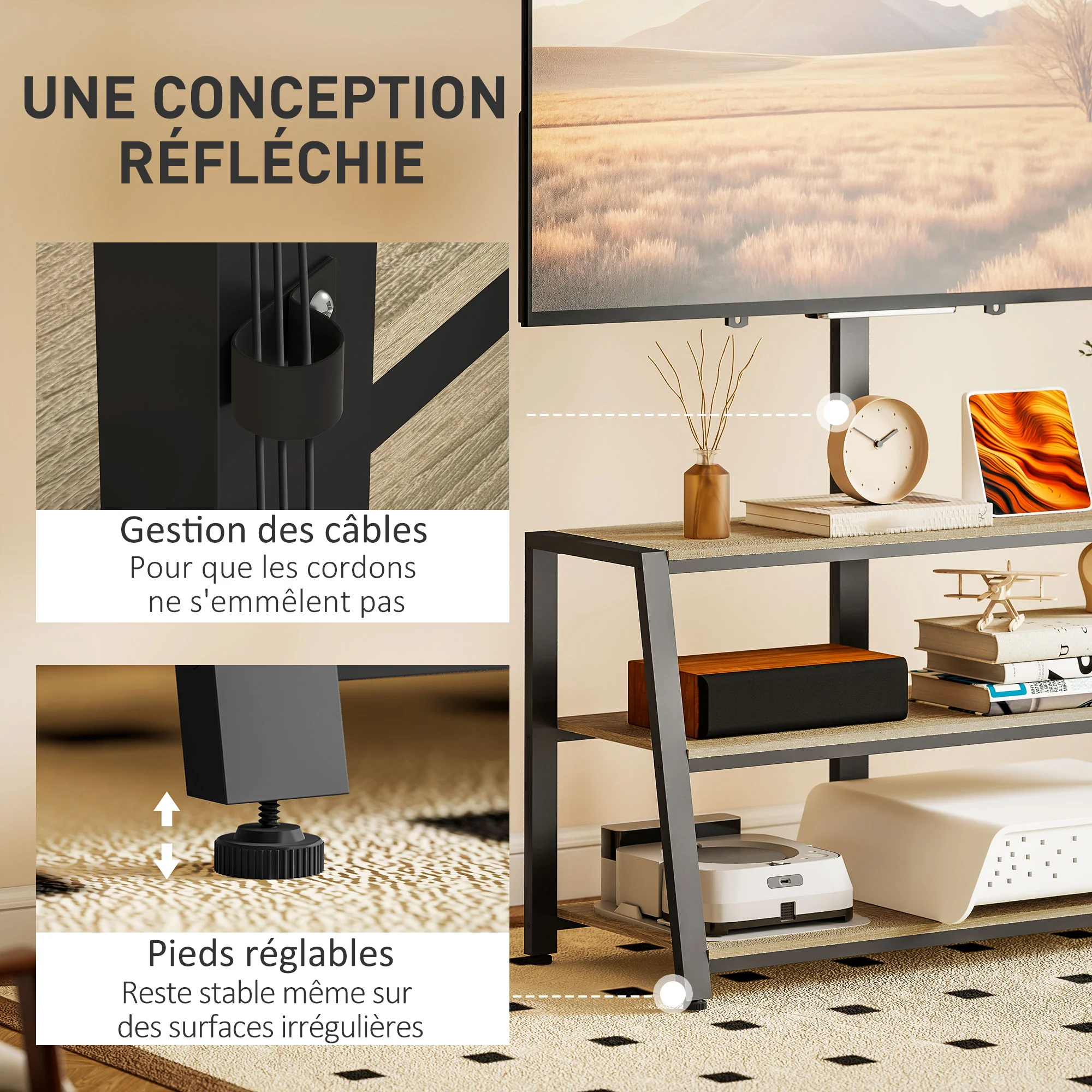 Meuble TV avec support orientable 35°, meuble télé pour téléviseurs de 32-70 pouces, étagères ouvertes, banc TV industriel pour salon chambre à coucher, 108x41x135cm, effet bois naturel - Image 8