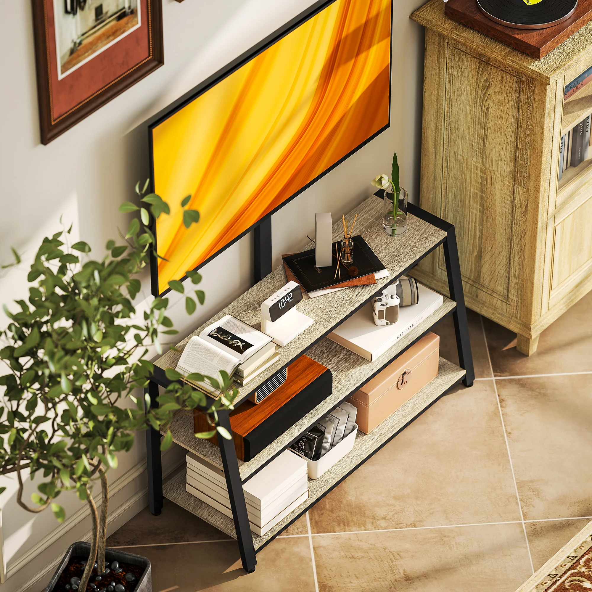 Meuble TV avec support orientable 35°, meuble télé pour téléviseurs de 32-70 pouces, étagères ouvertes, banc TV industriel pour salon chambre à coucher, 108x41x135cm, effet bois naturel - Image 9
