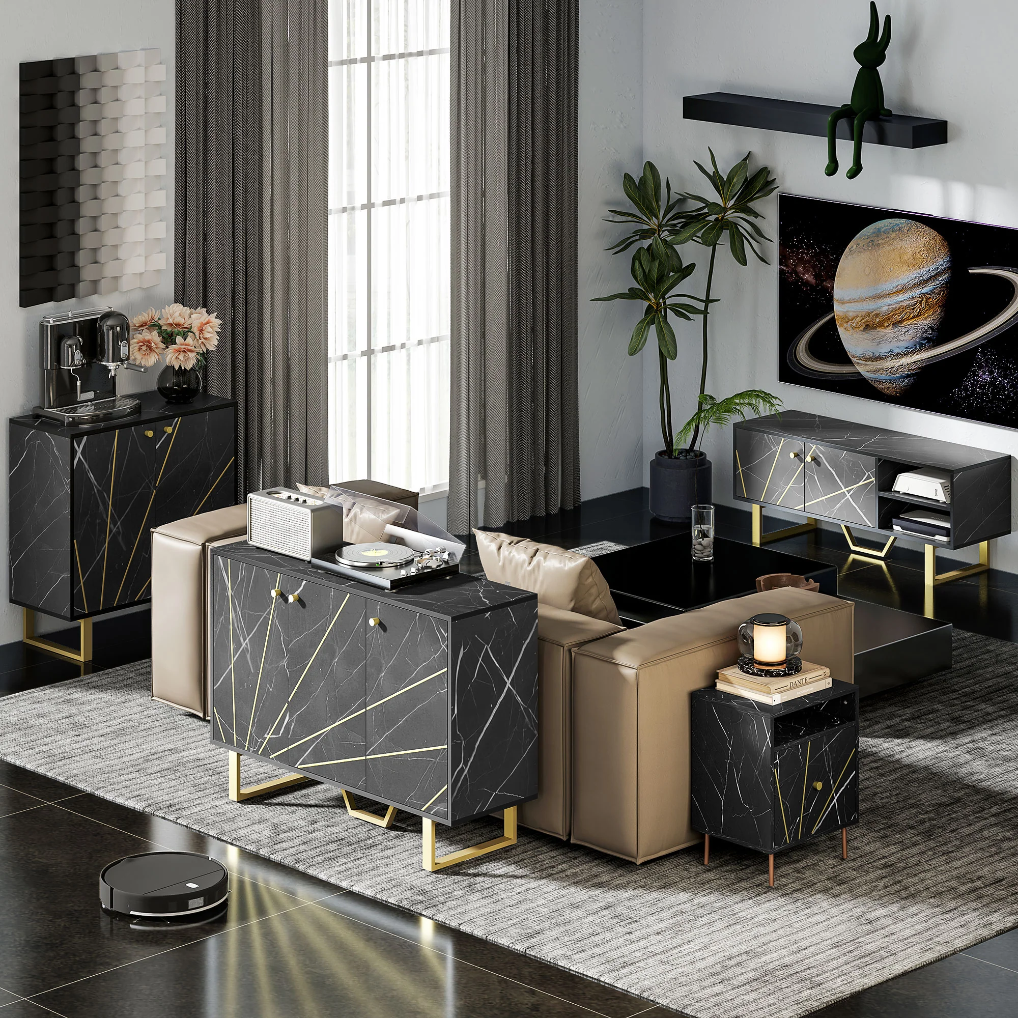 Meuble TV banc TV meuble pour télévision jusqu'à 50 pouces avec placard, étagère réglable et passe-cables, dim. 110l x 35P x 45H cm aspect marbre noir - Image 10