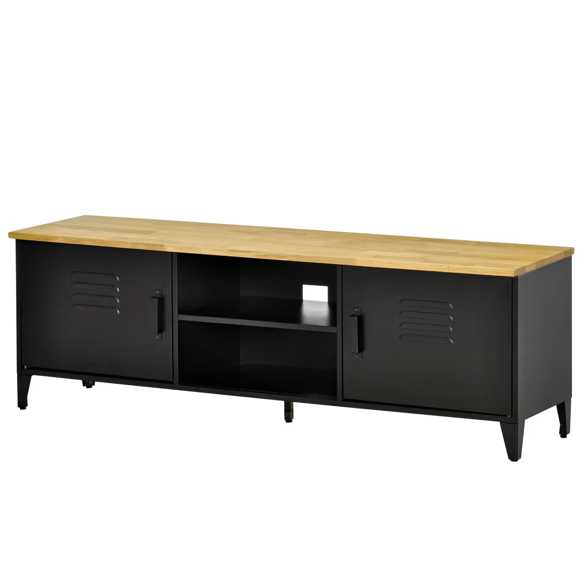 Meuble TV Banc TV pour téléviseurs de 55'' avec 2 Placards Pieds Réglables Cadre métalique noir Plateau en Bois Naturel 150 x 40 x 50 cm