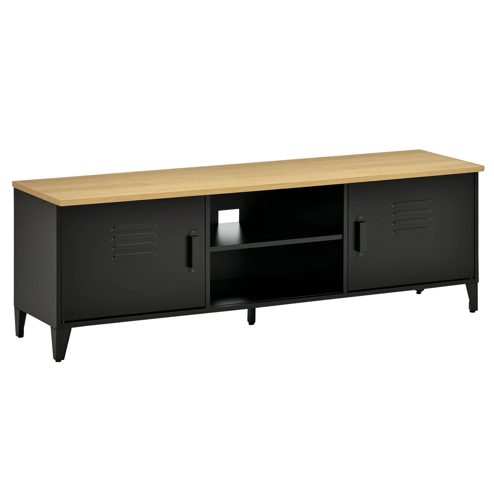 Meuble TV Banc TV pour téléviseurs de 55'' avec 2 Placards Pieds Réglables Cadre métalique noir Plateau en Bois Naturel 150 x 40 x 50 cm - Image 11