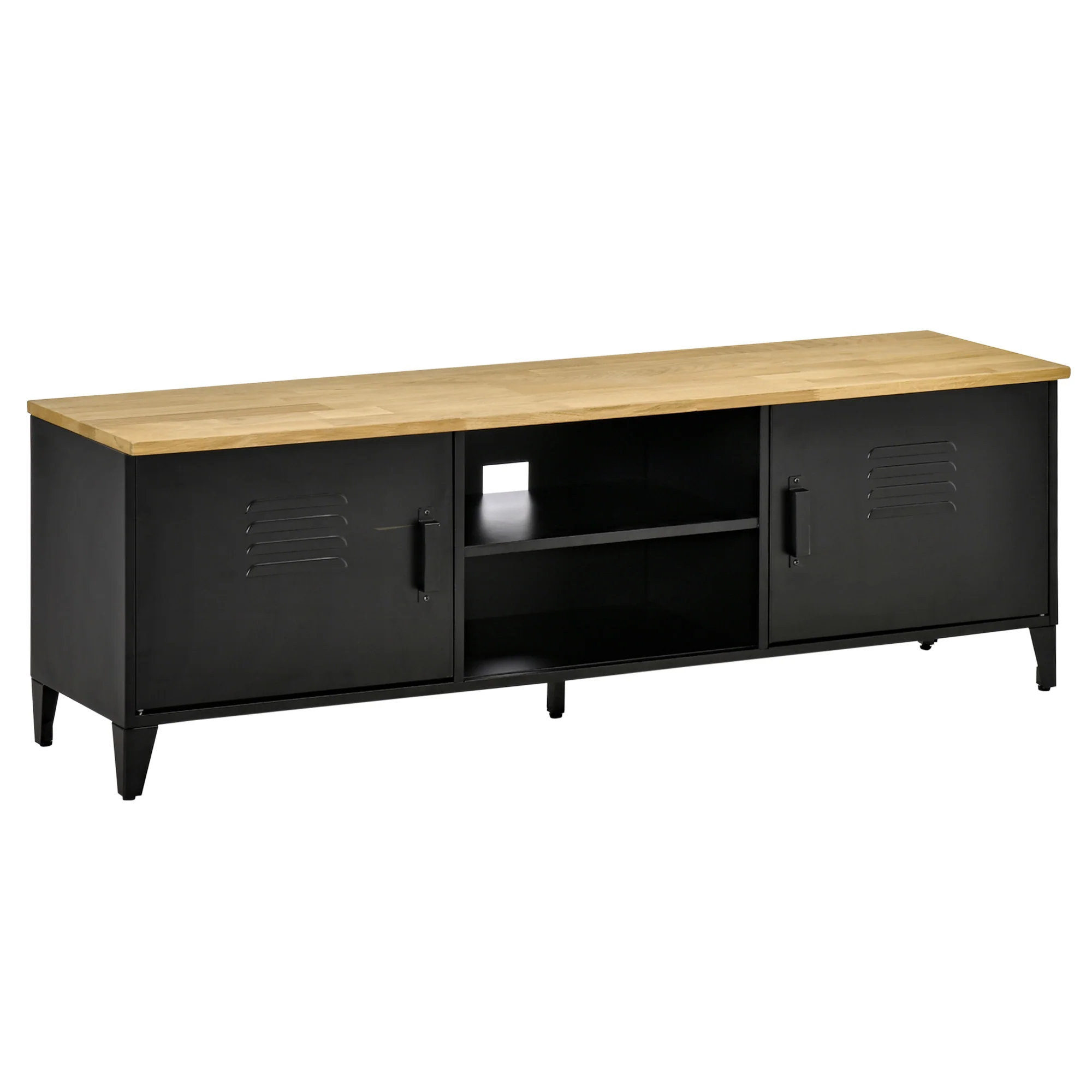 Meuble TV Banc TV pour téléviseurs de 55'' avec 2 Placards Pieds Réglables Cadre métalique noir Plateau en Bois Naturel 150 x 40 x 50 cm - Image 2