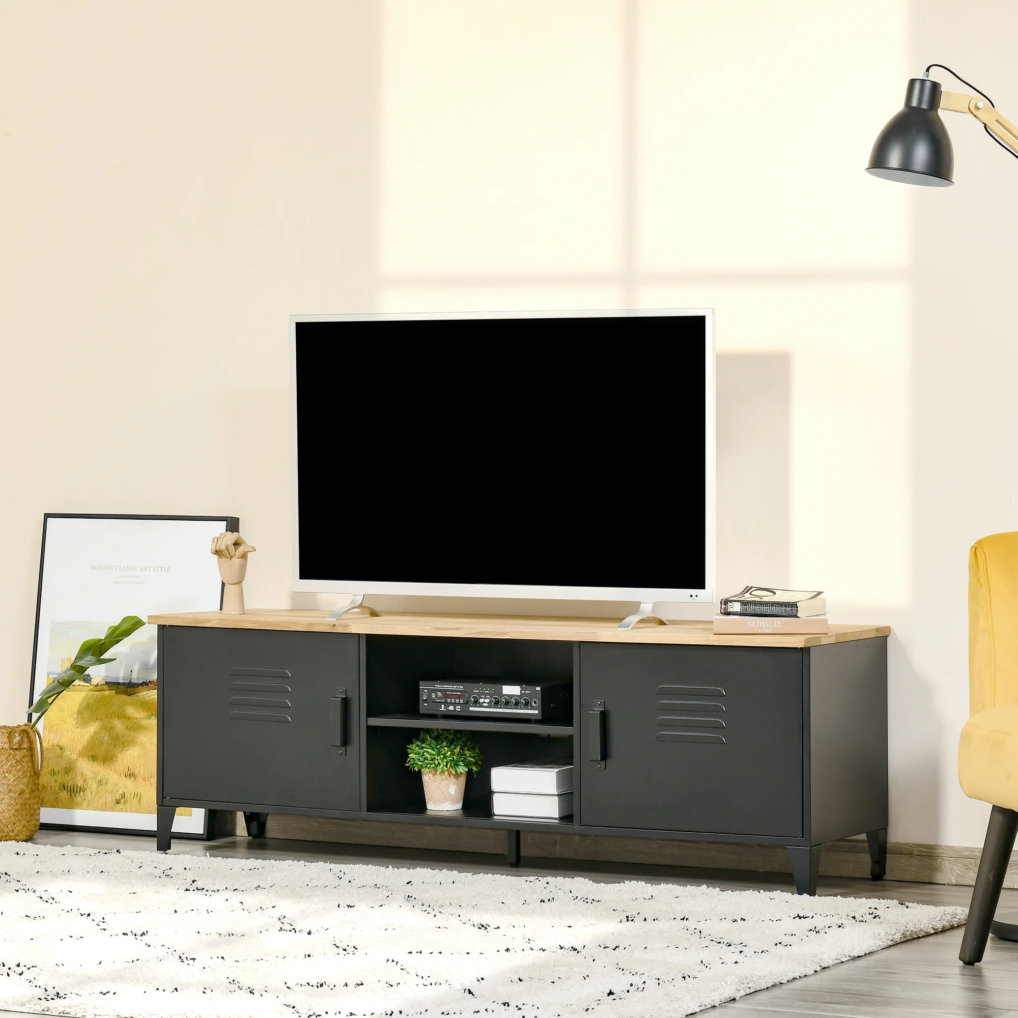 Meuble TV Banc TV pour téléviseurs de 55'' avec 2 Placards Pieds Réglables Cadre métalique noir Plateau en Bois Naturel 150 x 40 x 50 cm - Image 3