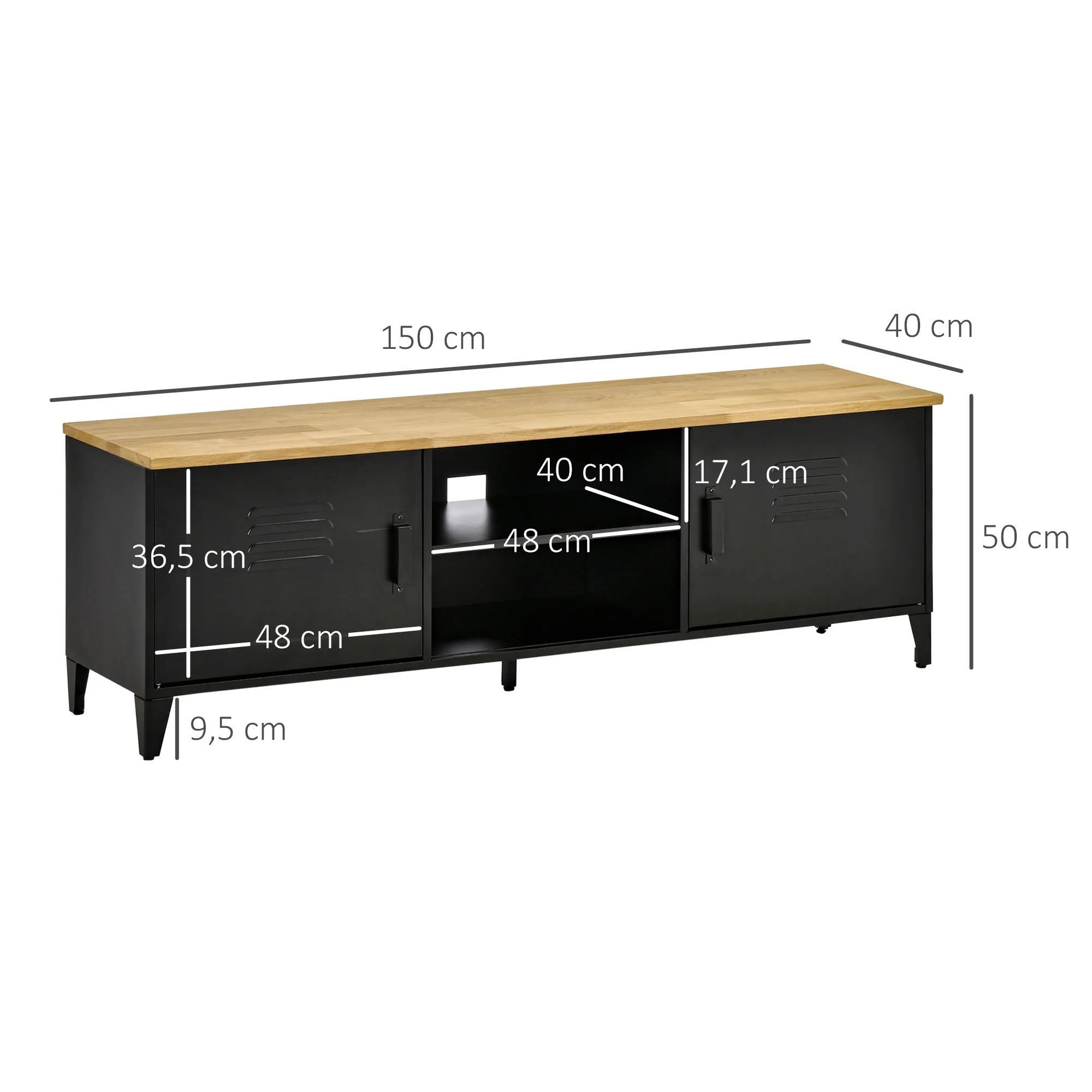 Meuble TV Banc TV pour téléviseurs de 55'' avec 2 Placards Pieds Réglables Cadre métalique noir Plateau en Bois Naturel 150 x 40 x 50 cm - Image 4