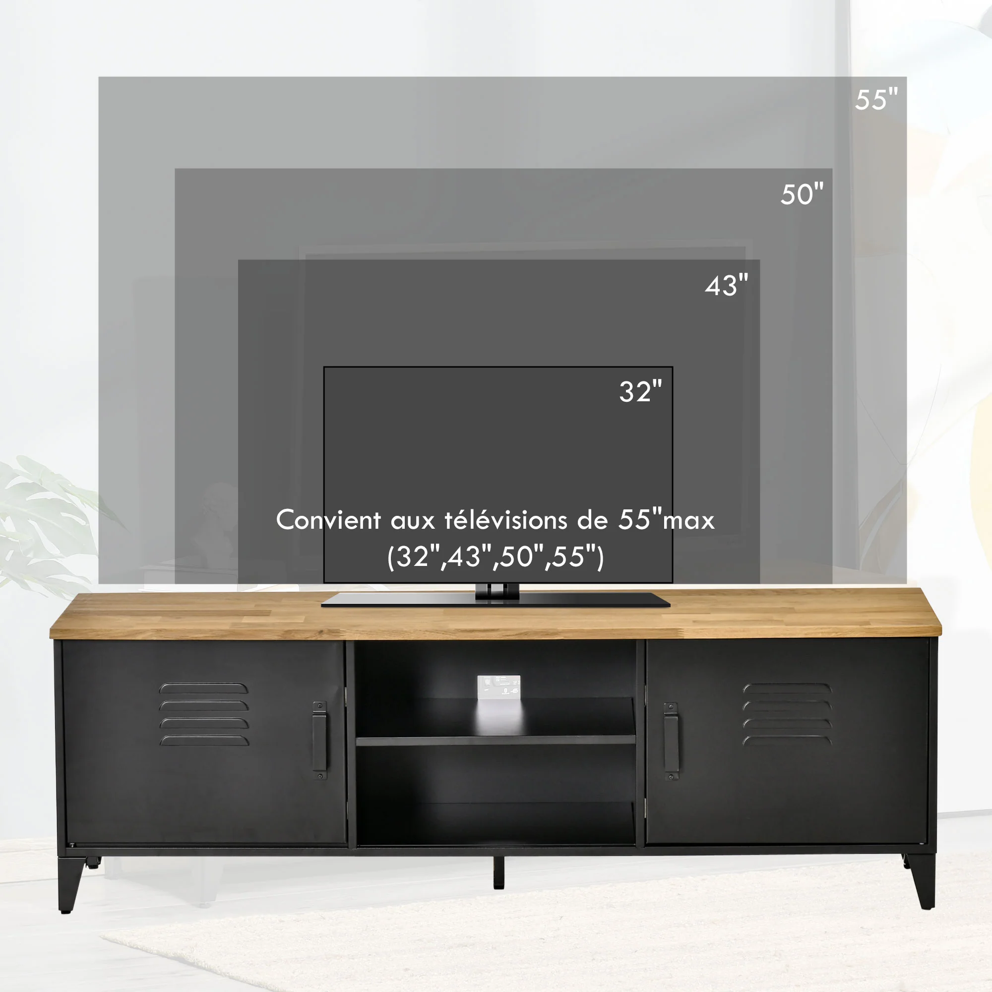 Meuble TV Banc TV pour téléviseurs de 55'' avec 2 Placards Pieds Réglables Cadre métalique noir Plateau en Bois Naturel 150 x 40 x 50 cm - Image 5
