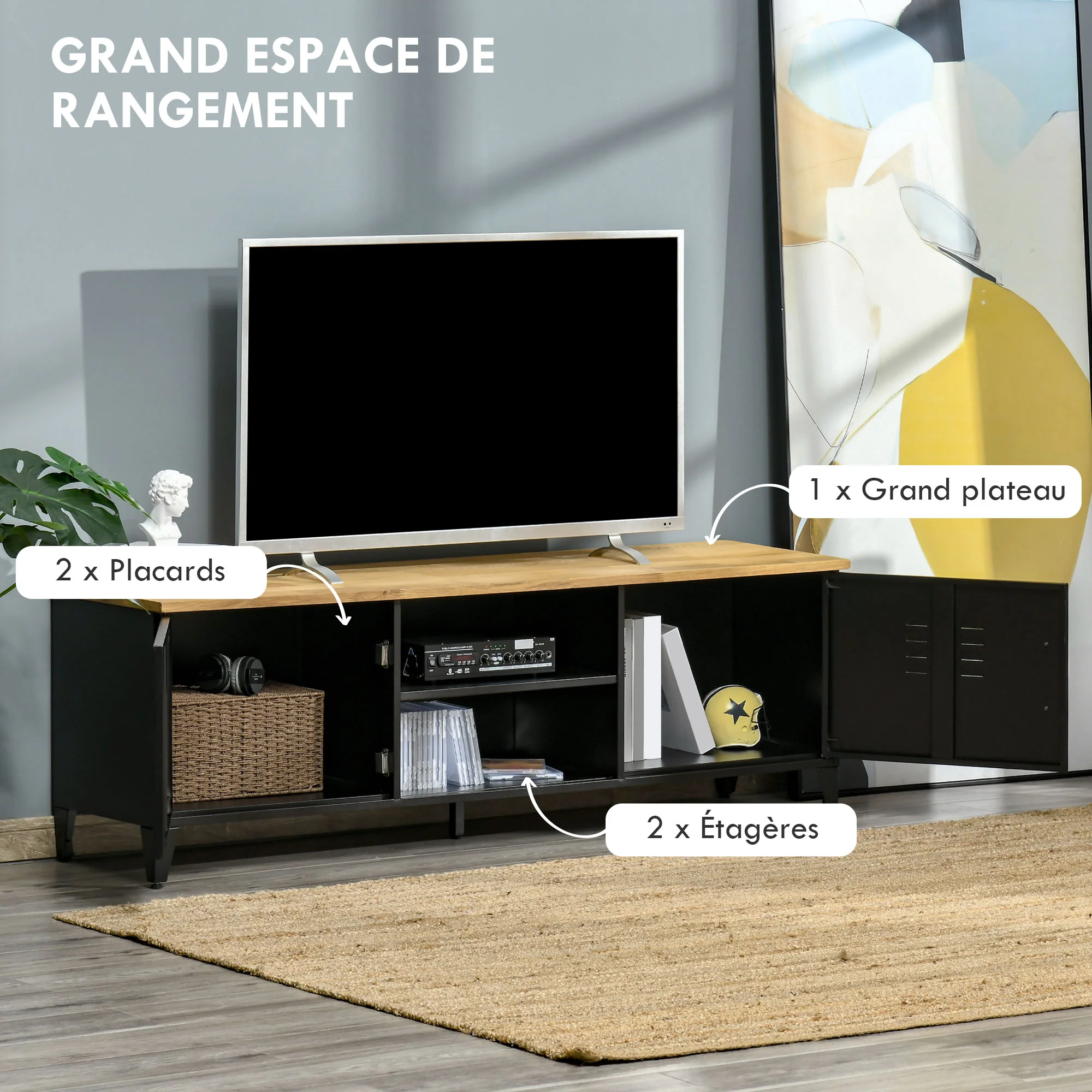 Meuble TV Banc TV pour téléviseurs de 55'' avec 2 Placards Pieds Réglables Cadre métalique noir Plateau en Bois Naturel 150 x 40 x 50 cm - Image 6