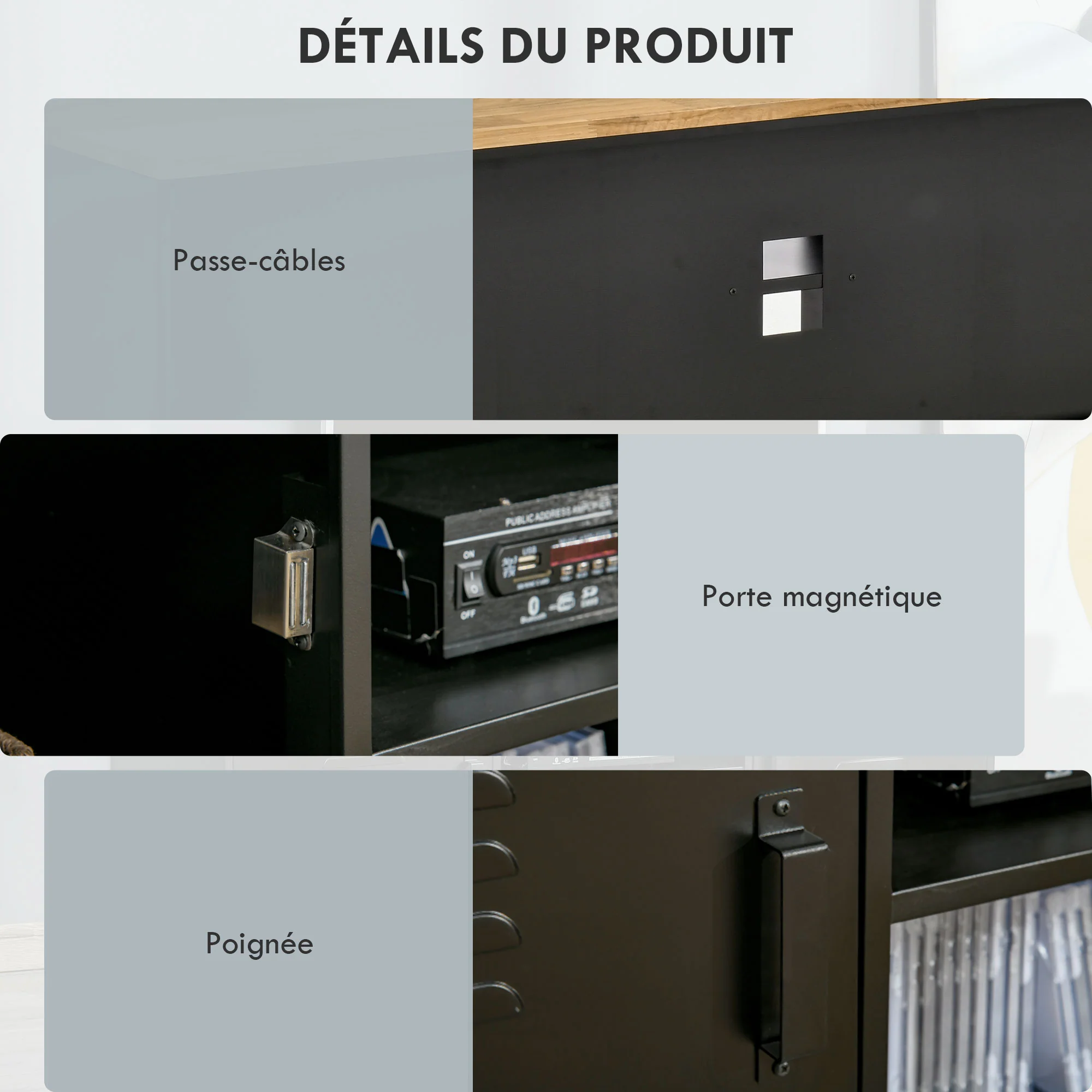 Meuble TV Banc TV pour téléviseurs de 55'' avec 2 Placards Pieds Réglables Cadre métalique noir Plateau en Bois Naturel 150 x 40 x 50 cm - Image 8