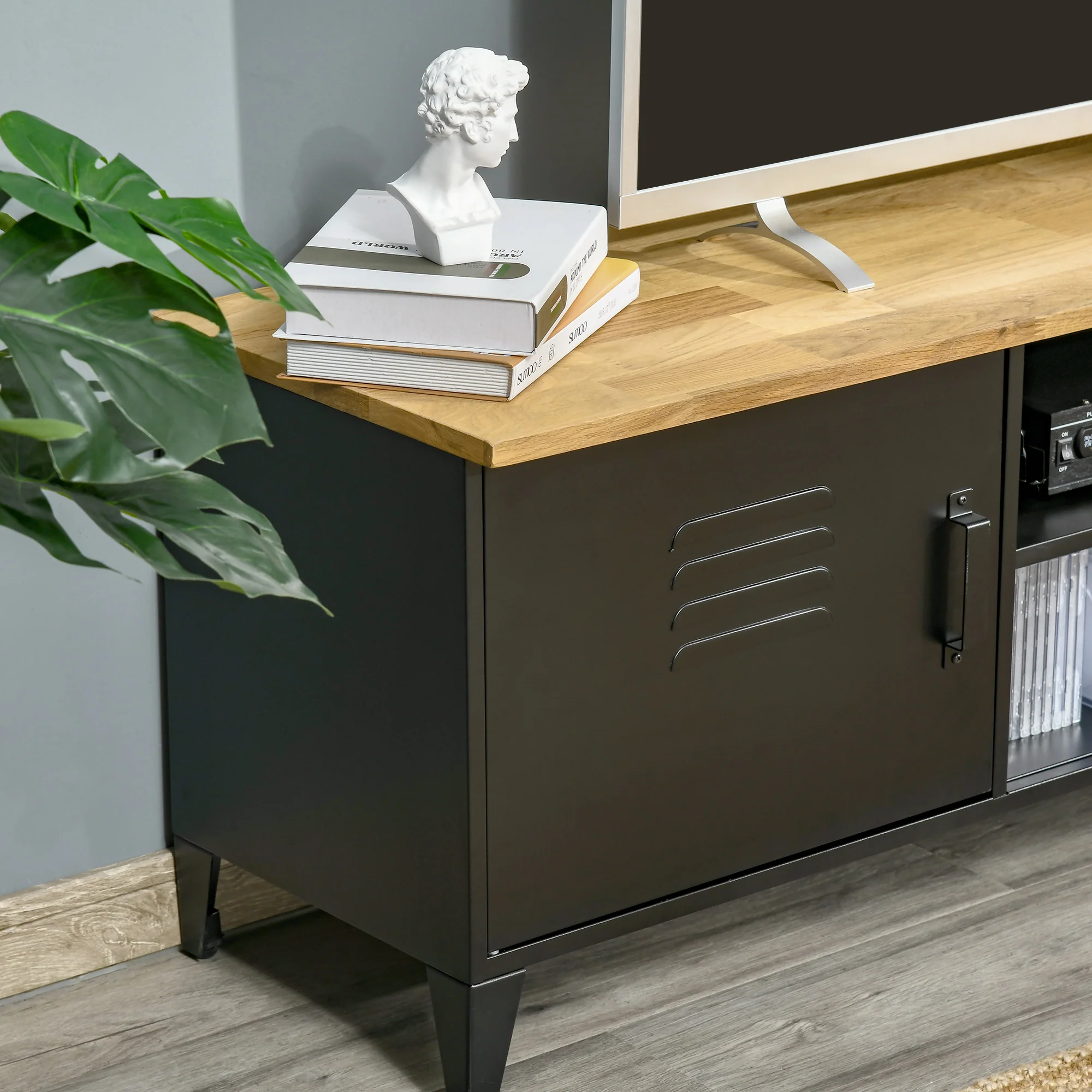 Meuble TV Banc TV pour téléviseurs de 55'' avec 2 Placards Pieds Réglables Cadre métalique noir Plateau en Bois Naturel 150 x 40 x 50 cm - Image 9