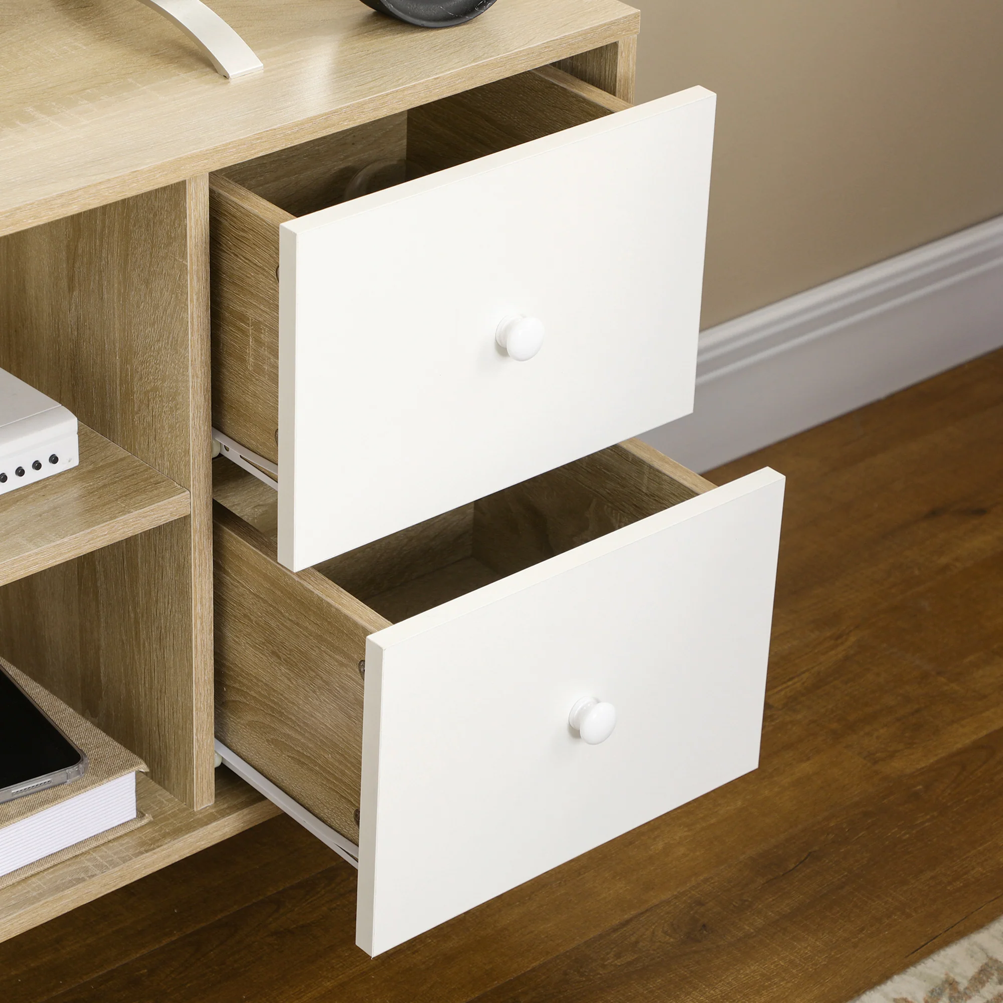 Meuble TV banc TV pour télévision jusqu'à 45 pouces pieds en bois massif style scandinave 3 niches 1 placard avec porte et 2 tiroirs 120 x 30 x 60 cm - Image 10