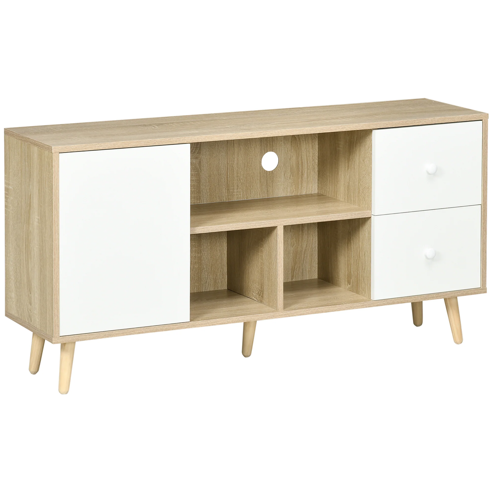 Meuble TV banc TV pour télévision jusqu'à 45 pouces pieds en bois massif style scandinave 3 niches 1 placard avec porte et 2 tiroirs 120 x 30 x 60 cm - Image 11