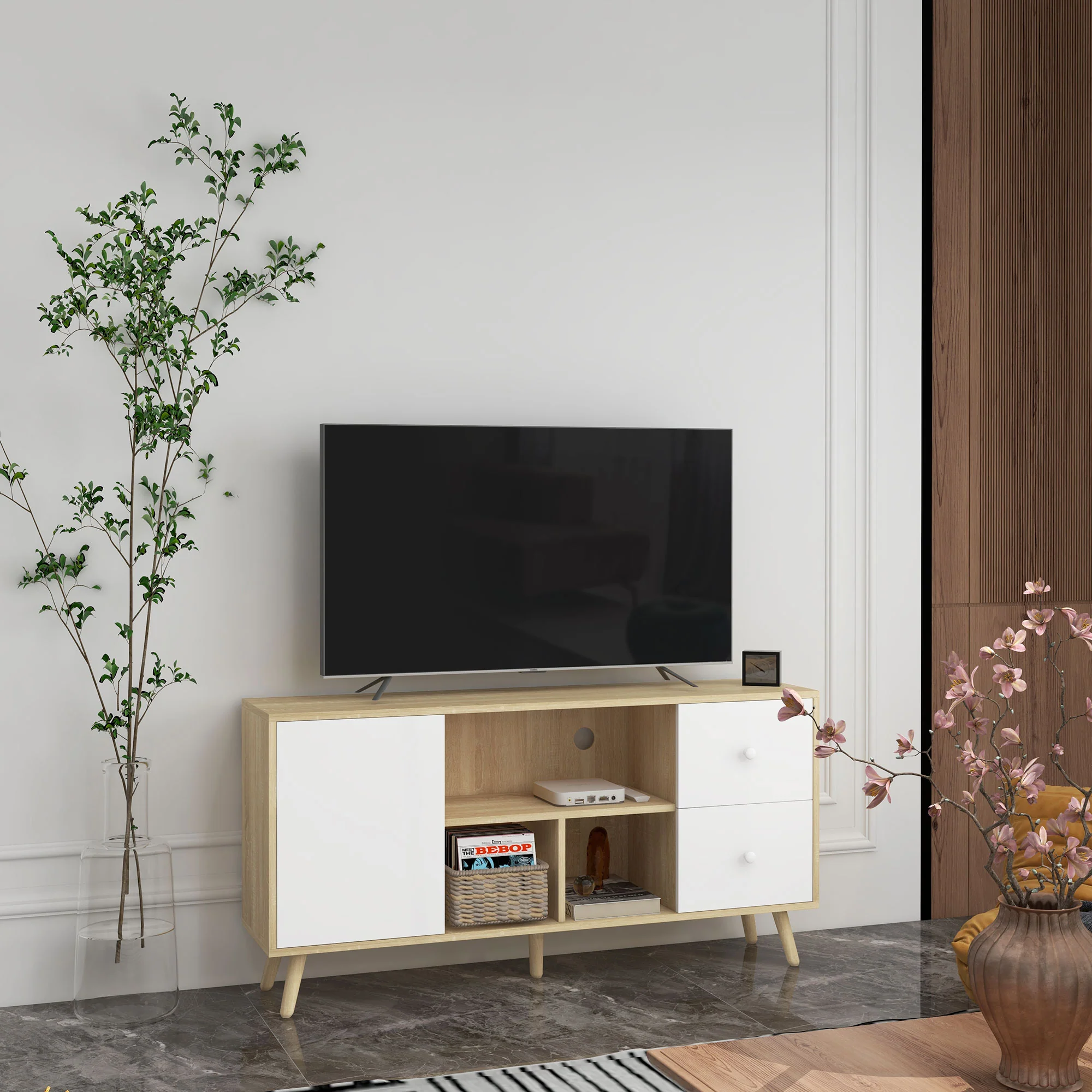 Meuble TV banc TV pour télévision jusqu'à 45 pouces pieds en bois massif style scandinave 3 niches 1 placard avec porte et 2 tiroirs 120 x 30 x 60 cm - Image 3