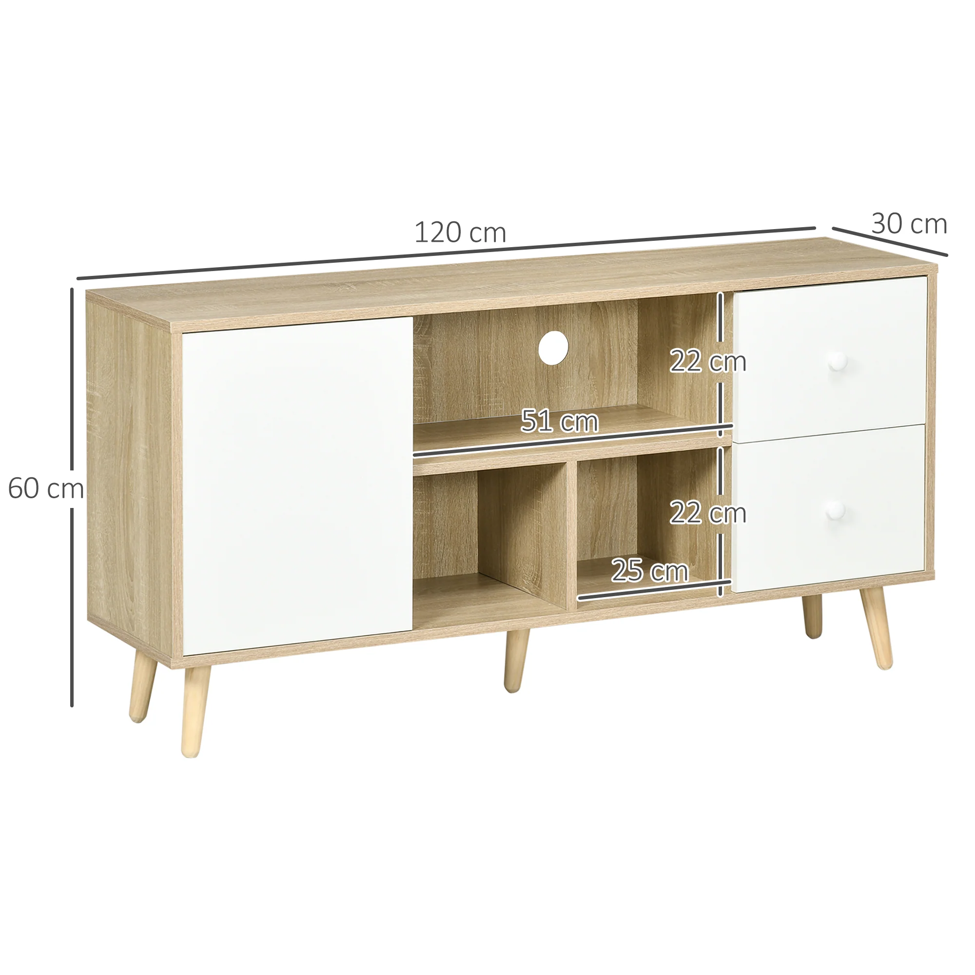 Meuble TV banc TV pour télévision jusqu'à 45 pouces pieds en bois massif style scandinave 3 niches 1 placard avec porte et 2 tiroirs 120 x 30 x 60 cm - Image 4