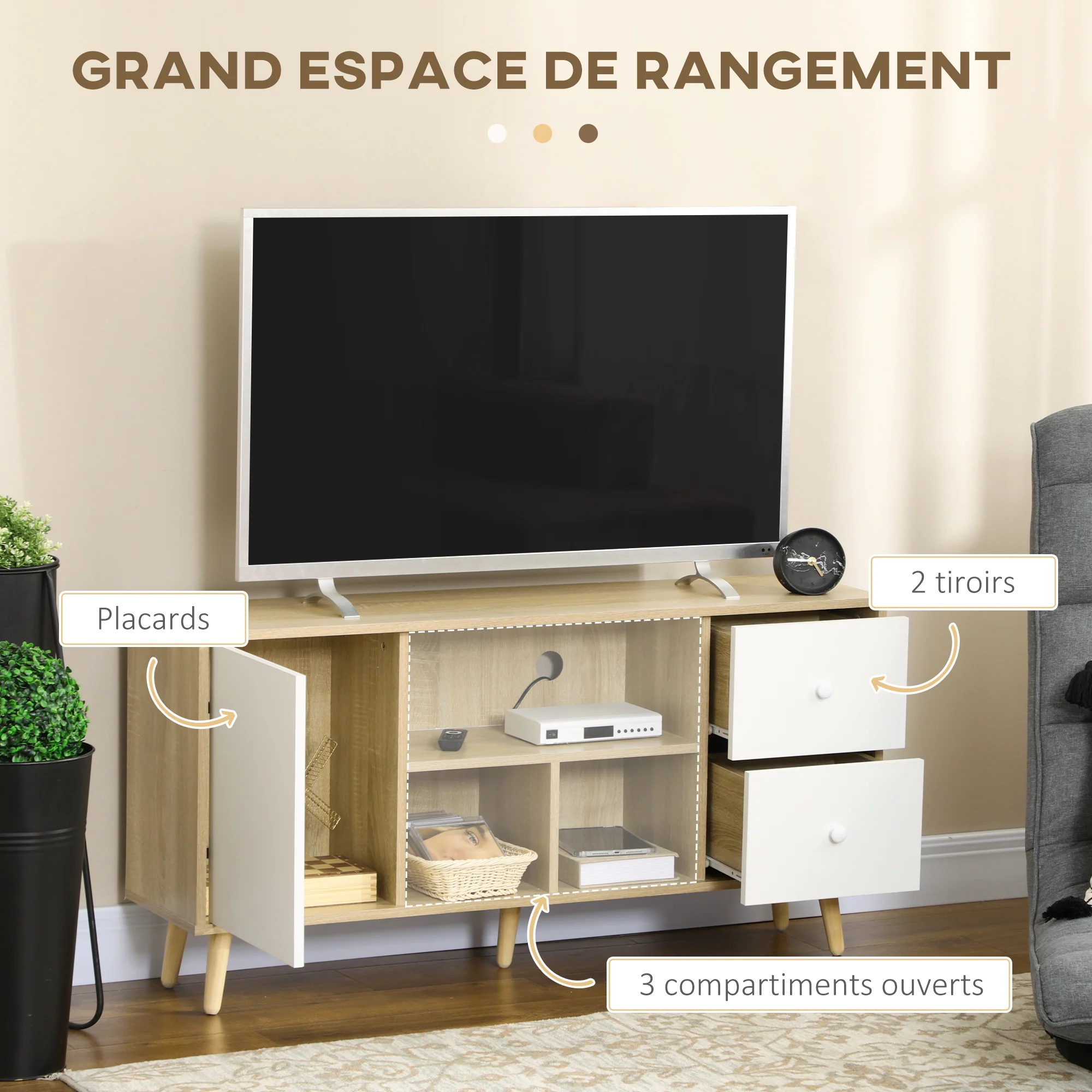 Meuble TV banc TV pour télévision jusqu'à 45 pouces pieds en bois massif style scandinave 3 niches 1 placard avec porte et 2 tiroirs 120 x 30 x 60 cm - Image 5