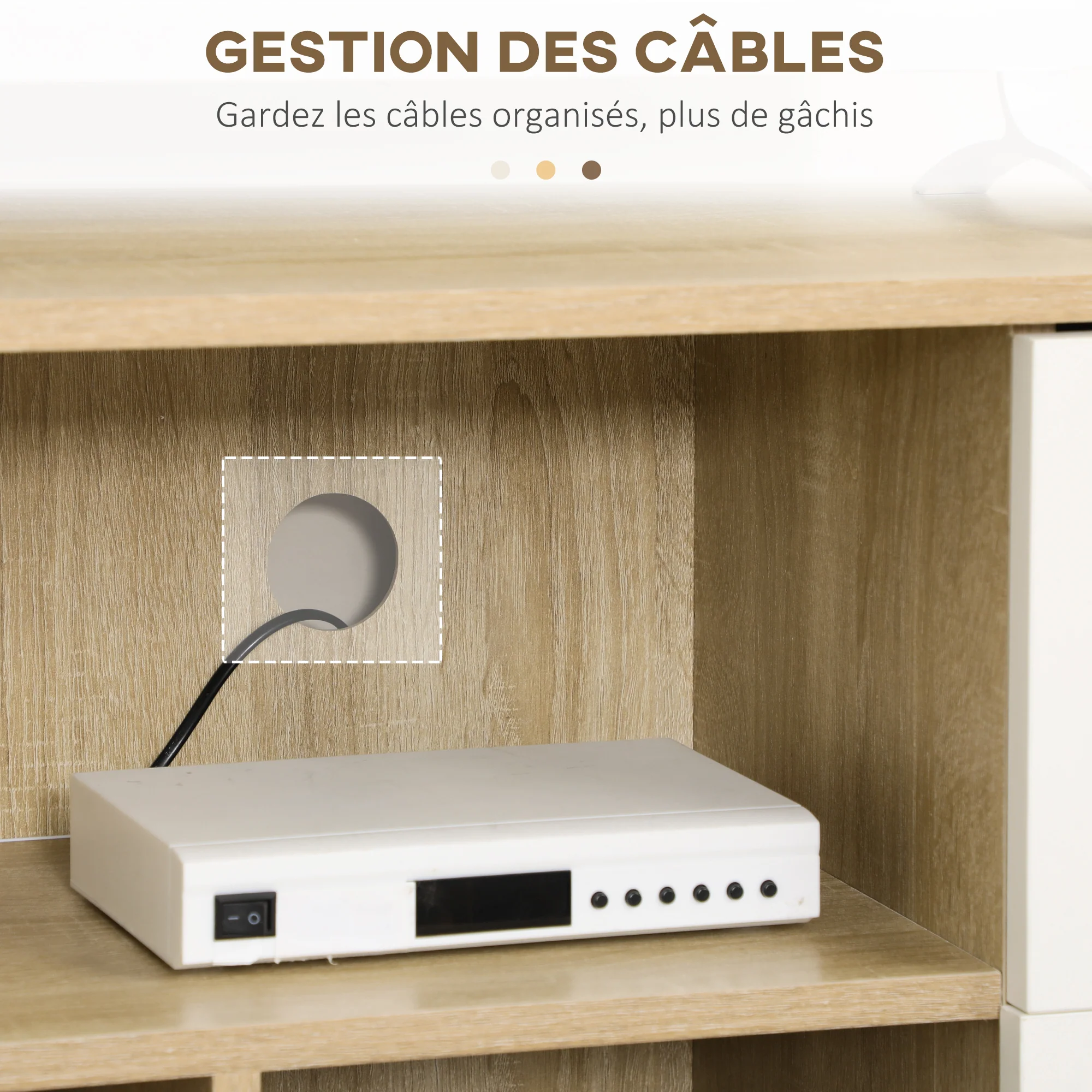 Meuble TV banc TV pour télévision jusqu'à 45 pouces pieds en bois massif style scandinave 3 niches 1 placard avec porte et 2 tiroirs 120 x 30 x 60 cm - Image 6