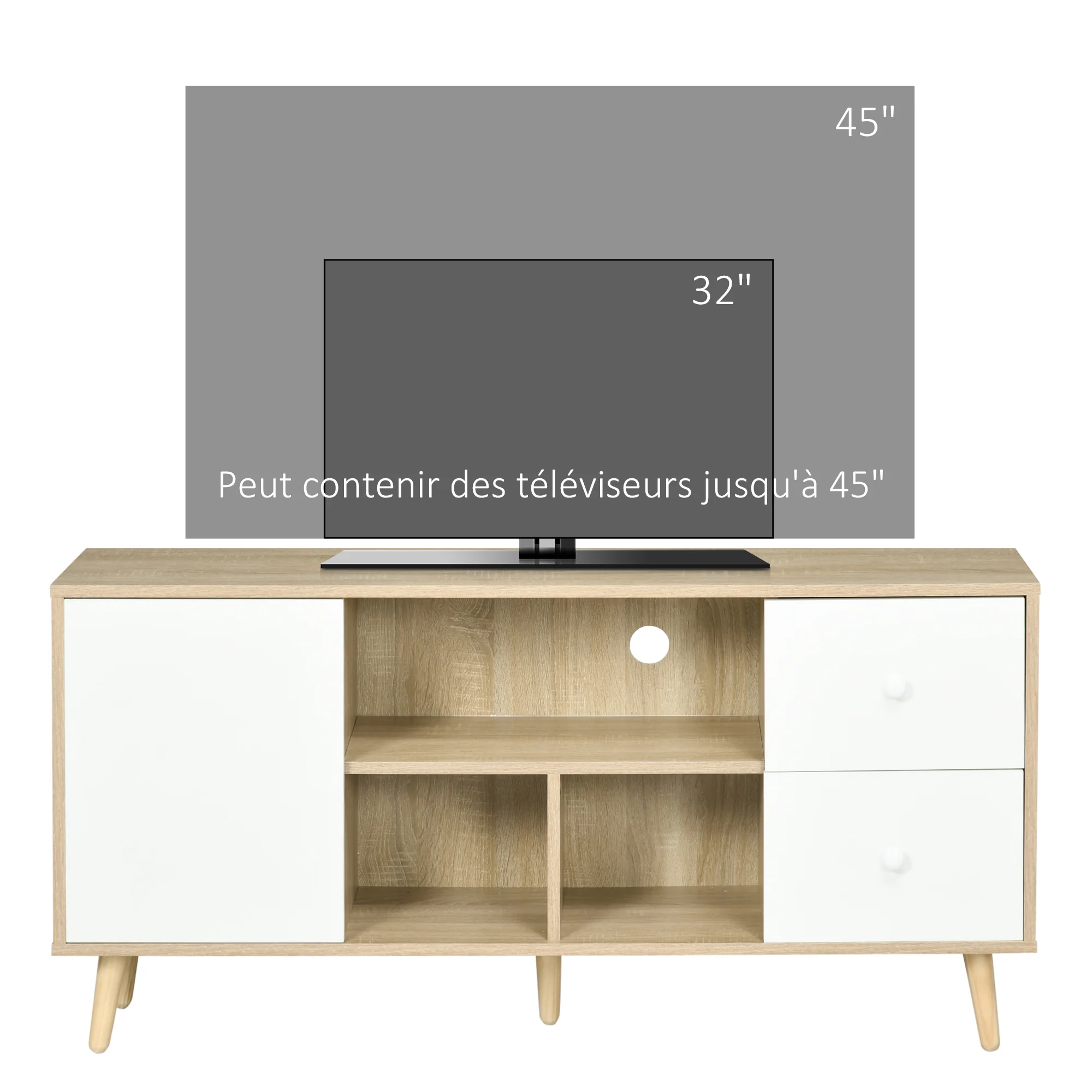 Meuble TV banc TV pour télévision jusqu'à 45 pouces pieds en bois massif style scandinave 3 niches 1 placard avec porte et 2 tiroirs 120 x 30 x 60 cm - Image 7