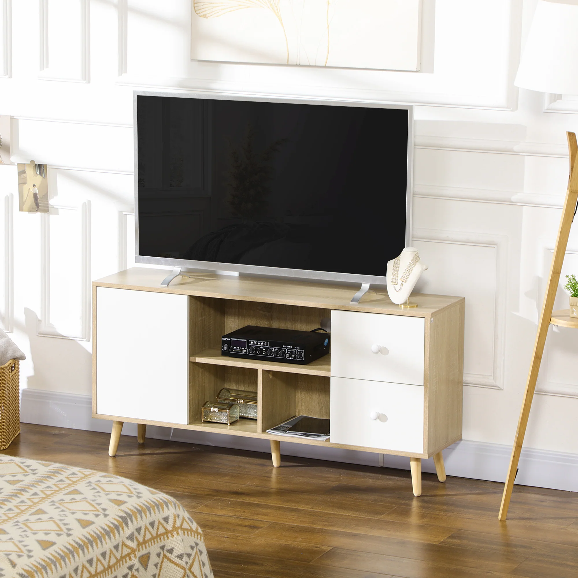 Meuble TV banc TV pour télévision jusqu'à 45 pouces pieds en bois massif style scandinave 3 niches 1 placard avec porte et 2 tiroirs 120 x 30 x 60 cm - Image 9