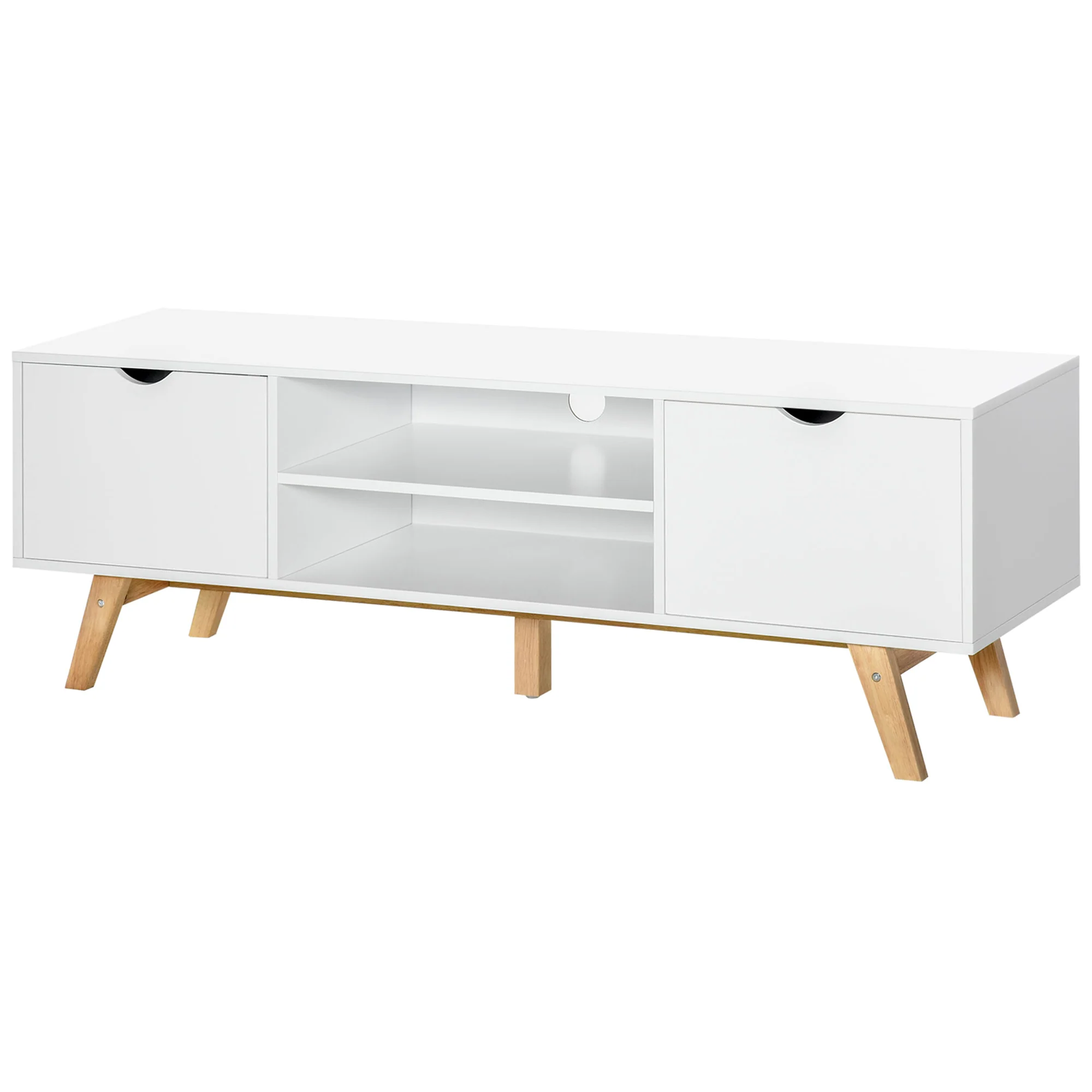 Meuble TV Banc TV sur Pied Moderne Scandinave 2 Portes 2 niches en Bois Blanc 150L x 39l x 50H cm