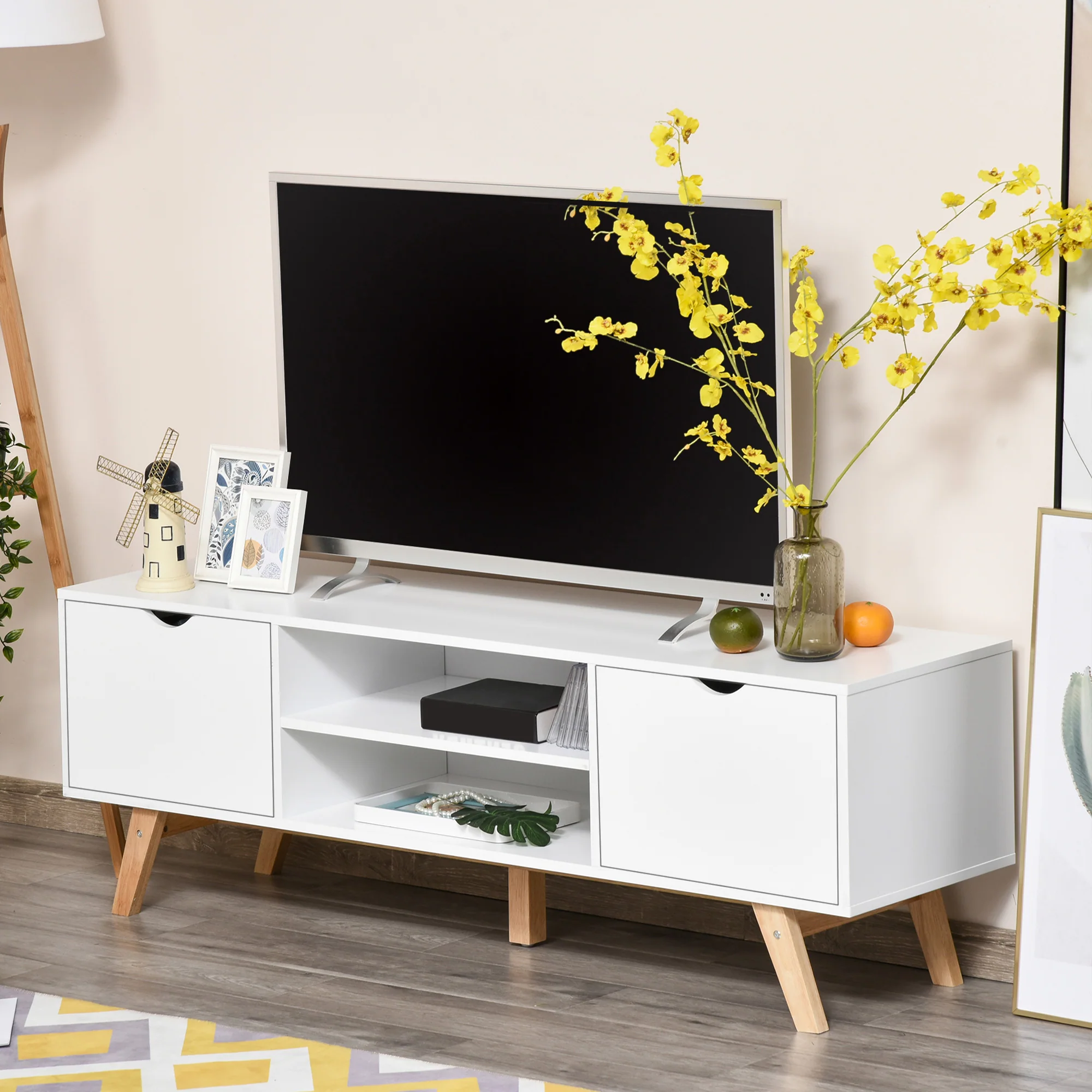 Meuble TV Banc TV sur Pied Moderne Scandinave 2 Portes 2 niches en Bois Blanc 150L x 39l x 50H cm - Image 3