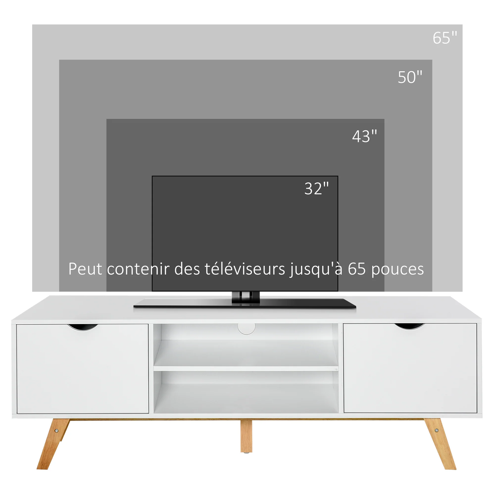 Meuble TV Banc TV sur Pied Moderne Scandinave 2 Portes 2 niches en Bois Blanc 150L x 39l x 50H cm - Image 5