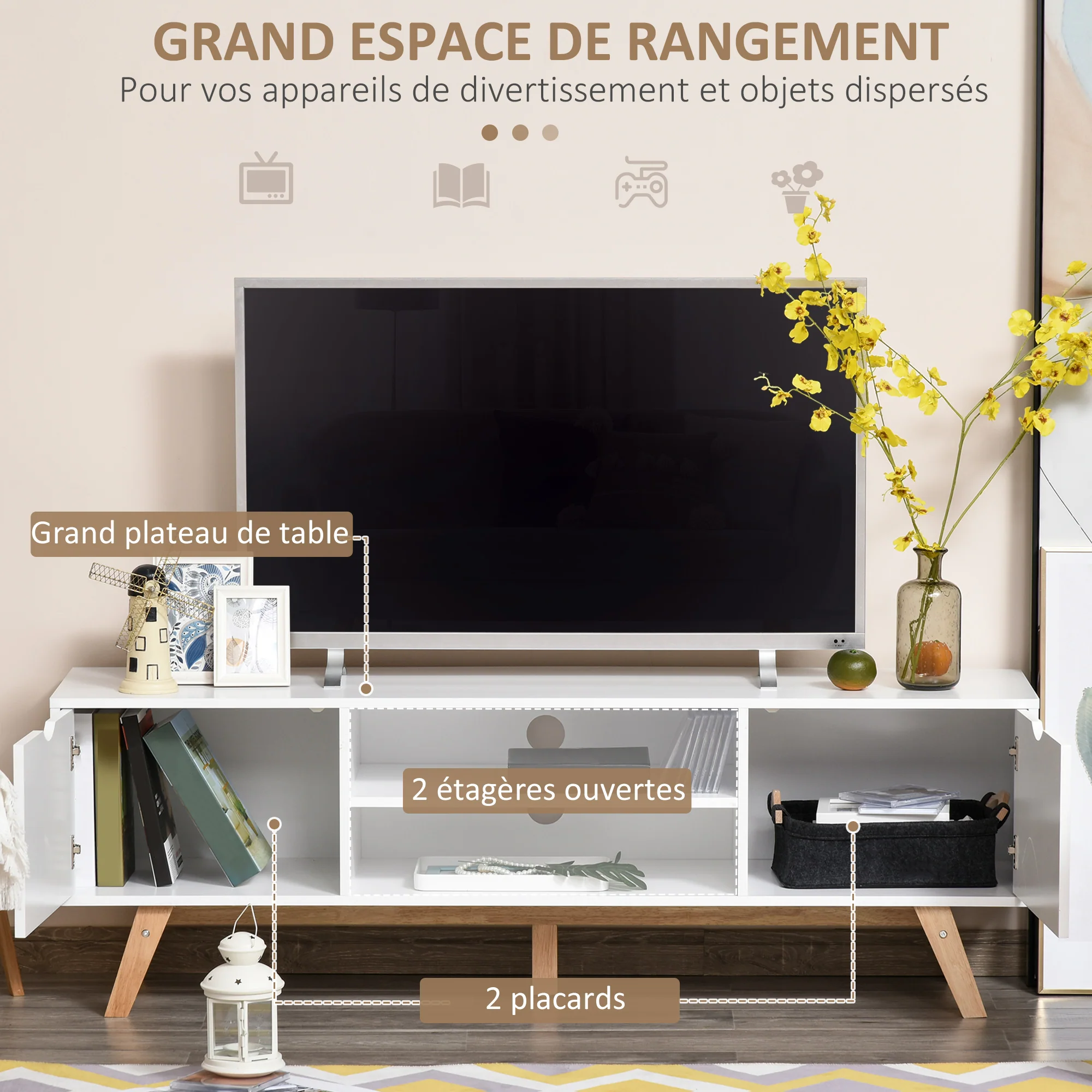 Meuble TV Banc TV sur Pied Moderne Scandinave 2 Portes 2 niches en Bois Blanc 150L x 39l x 50H cm - Image 6