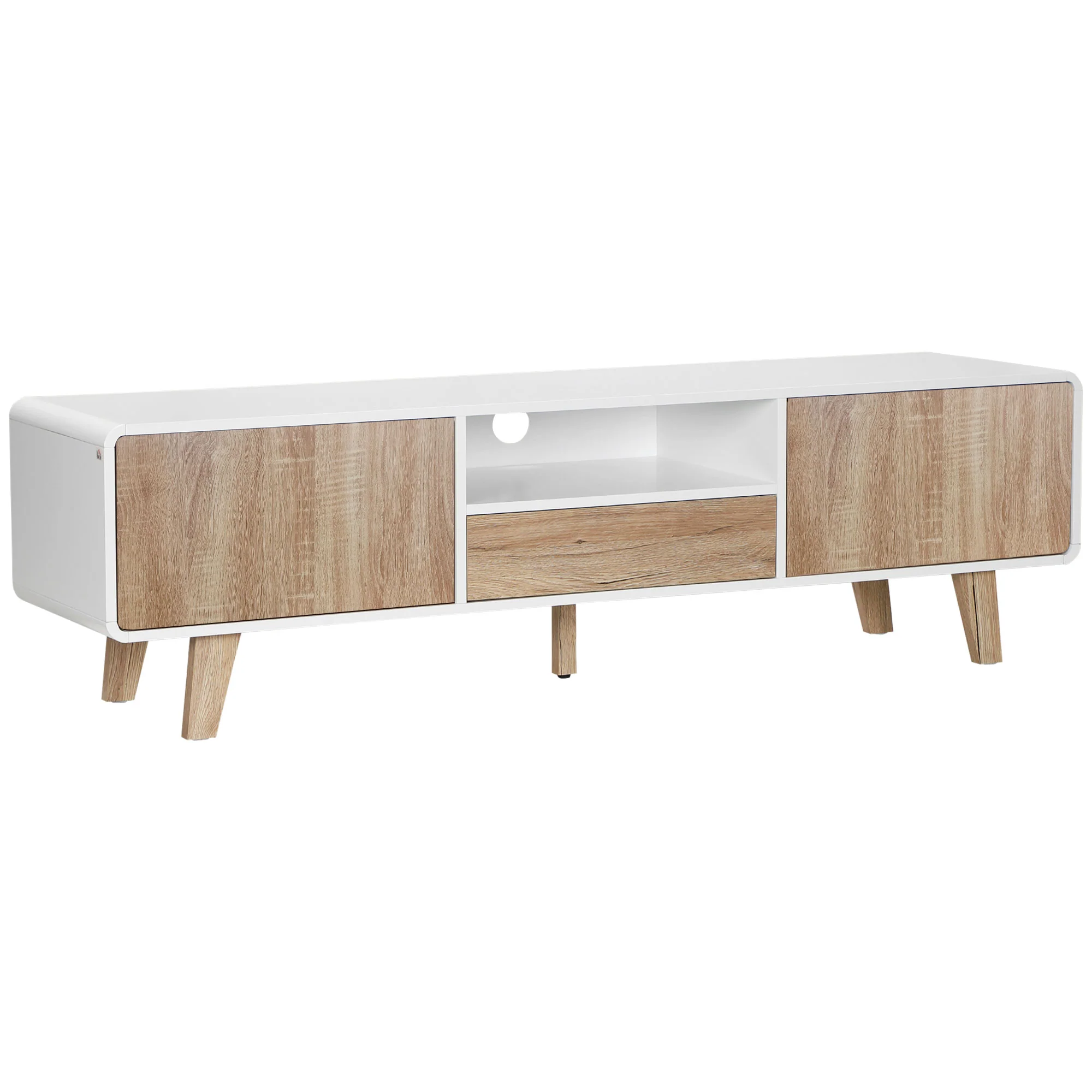 Meuble TV Bas sur Pied Style scandinave 2 Portes Niche tiroir MDF Blanc Aspect chêne Clair - Image 2