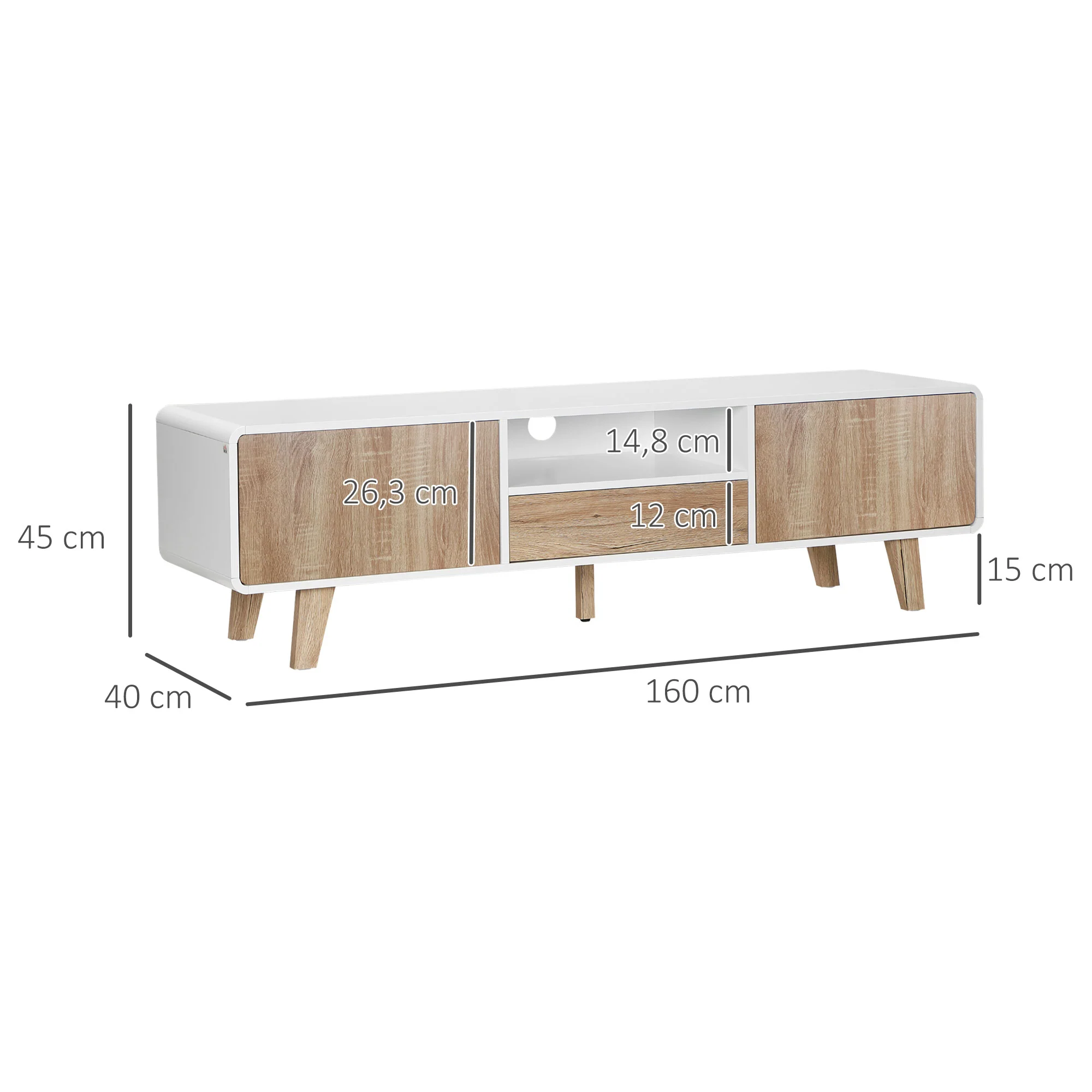 Meuble TV Bas sur Pied Style scandinave 2 Portes Niche tiroir MDF Blanc Aspect chêne Clair - Image 4