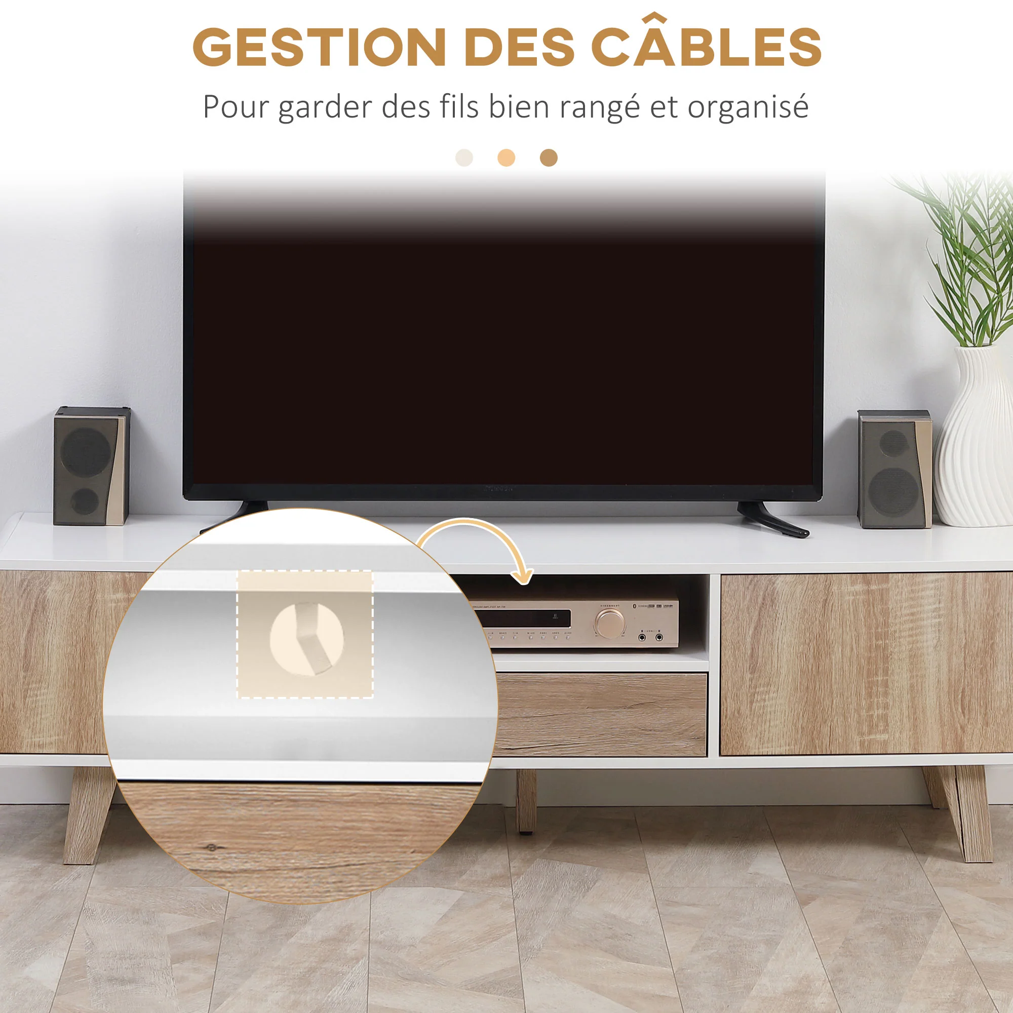 Meuble TV Bas sur Pied Style scandinave 2 Portes Niche tiroir MDF Blanc Aspect chêne Clair - Image 5