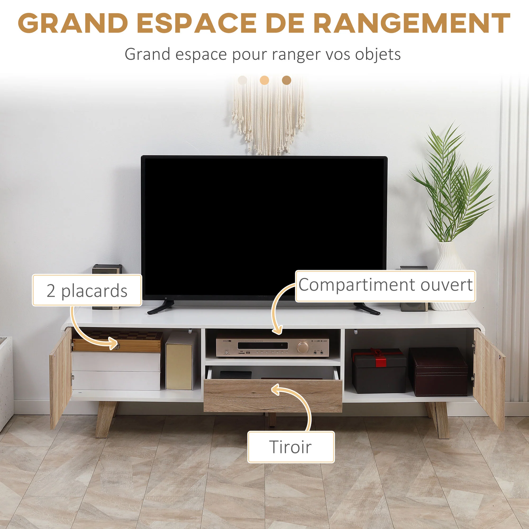 Meuble TV Bas sur Pied Style scandinave 2 Portes Niche tiroir MDF Blanc Aspect chêne Clair - Image 7
