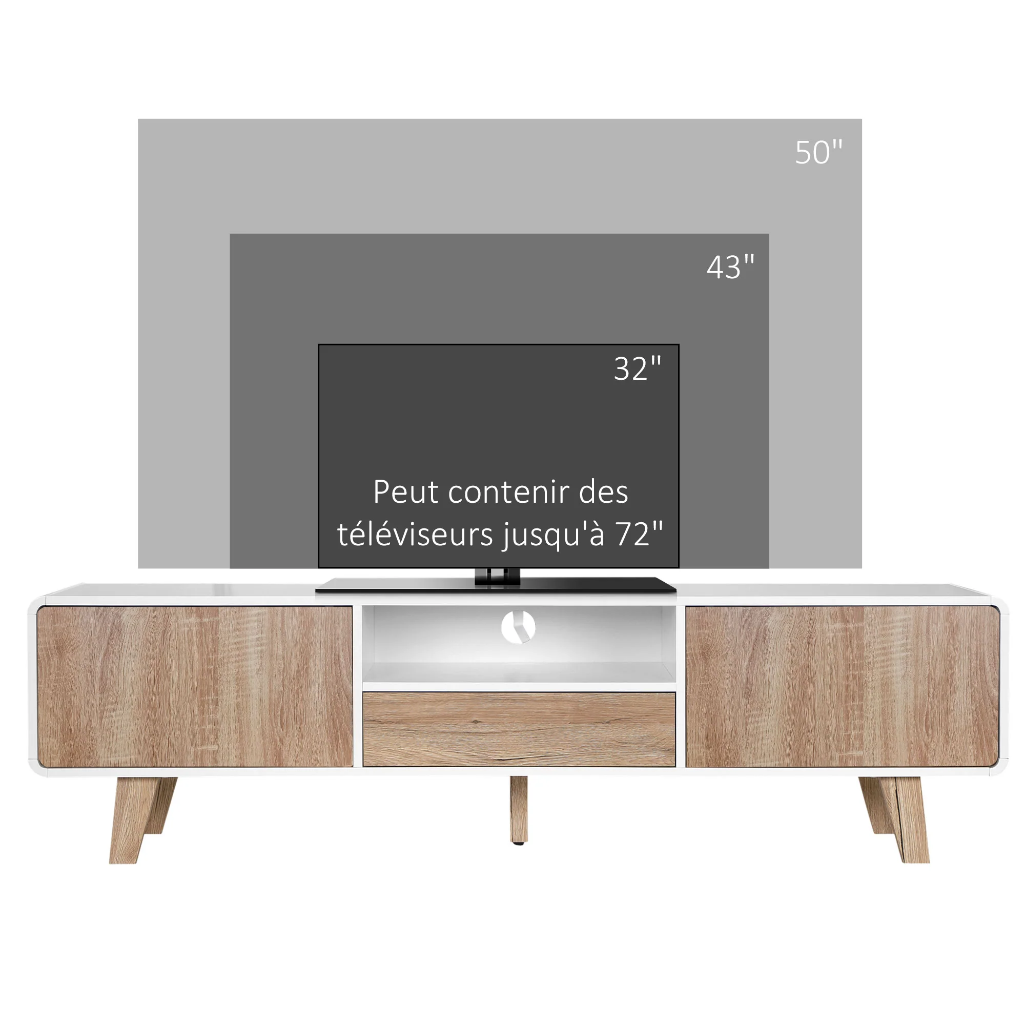 Meuble TV Bas sur Pied Style scandinave 2 Portes Niche tiroir MDF Blanc Aspect chêne Clair - Image 9