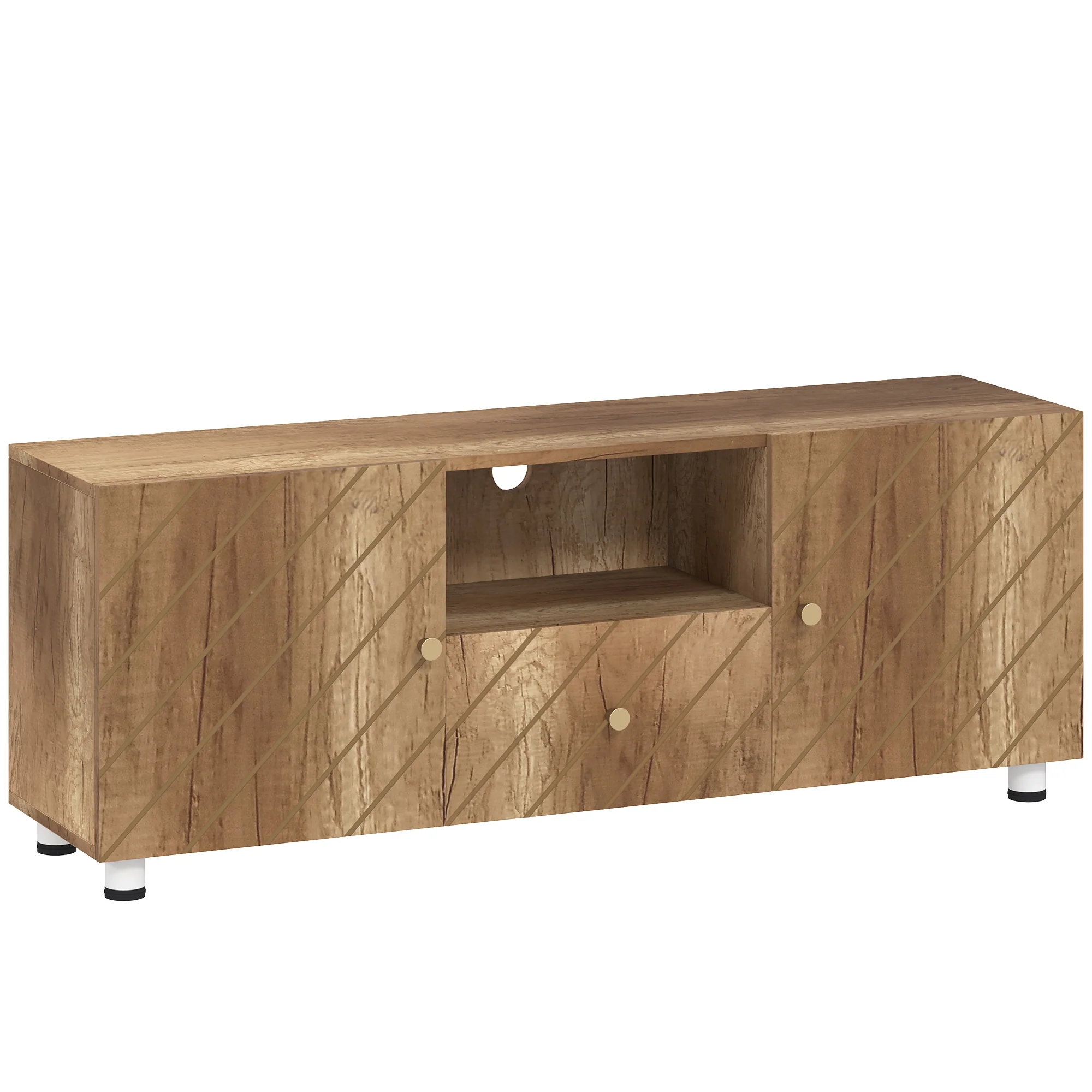 Meuble TV meuble télé bois banc TV pour téléviseur jusqu'à 50 pouces avec 2 placards et compartiment ouvert et tiroir pour salon chambre à coucher, 120 x 30 x 45 cm, bois naturel - Image 2