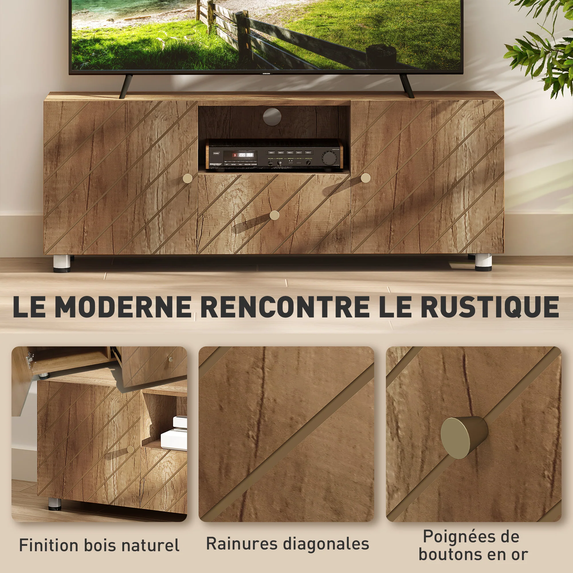 Meuble TV meuble télé bois banc TV pour téléviseur jusqu'à 50 pouces avec 2 placards et compartiment ouvert et tiroir pour salon chambre à coucher, 120 x 30 x 45 cm, bois naturel - Image 5