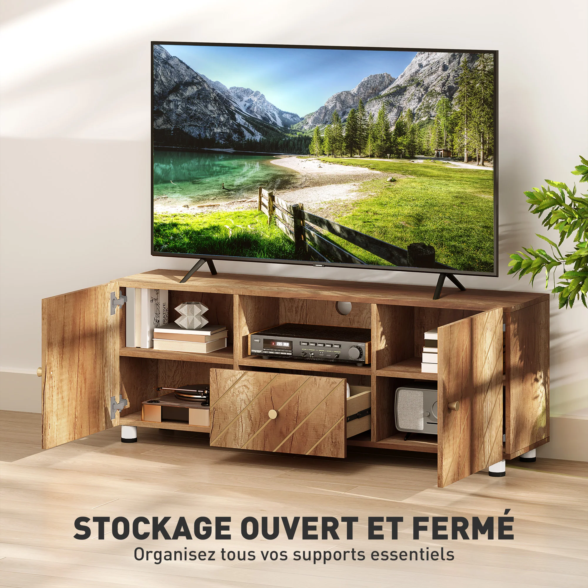 Meuble TV meuble télé bois banc TV pour téléviseur jusqu'à 50 pouces avec 2 placards et compartiment ouvert et tiroir pour salon chambre à coucher, 120 x 30 x 45 cm, bois naturel - Image 6