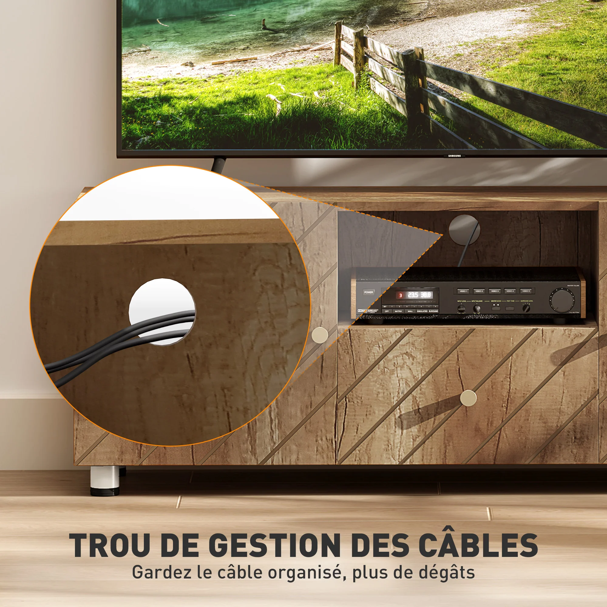 Meuble TV meuble télé bois banc TV pour téléviseur jusqu'à 50 pouces avec 2 placards et compartiment ouvert et tiroir pour salon chambre à coucher, 120 x 30 x 45 cm, bois naturel - Image 7