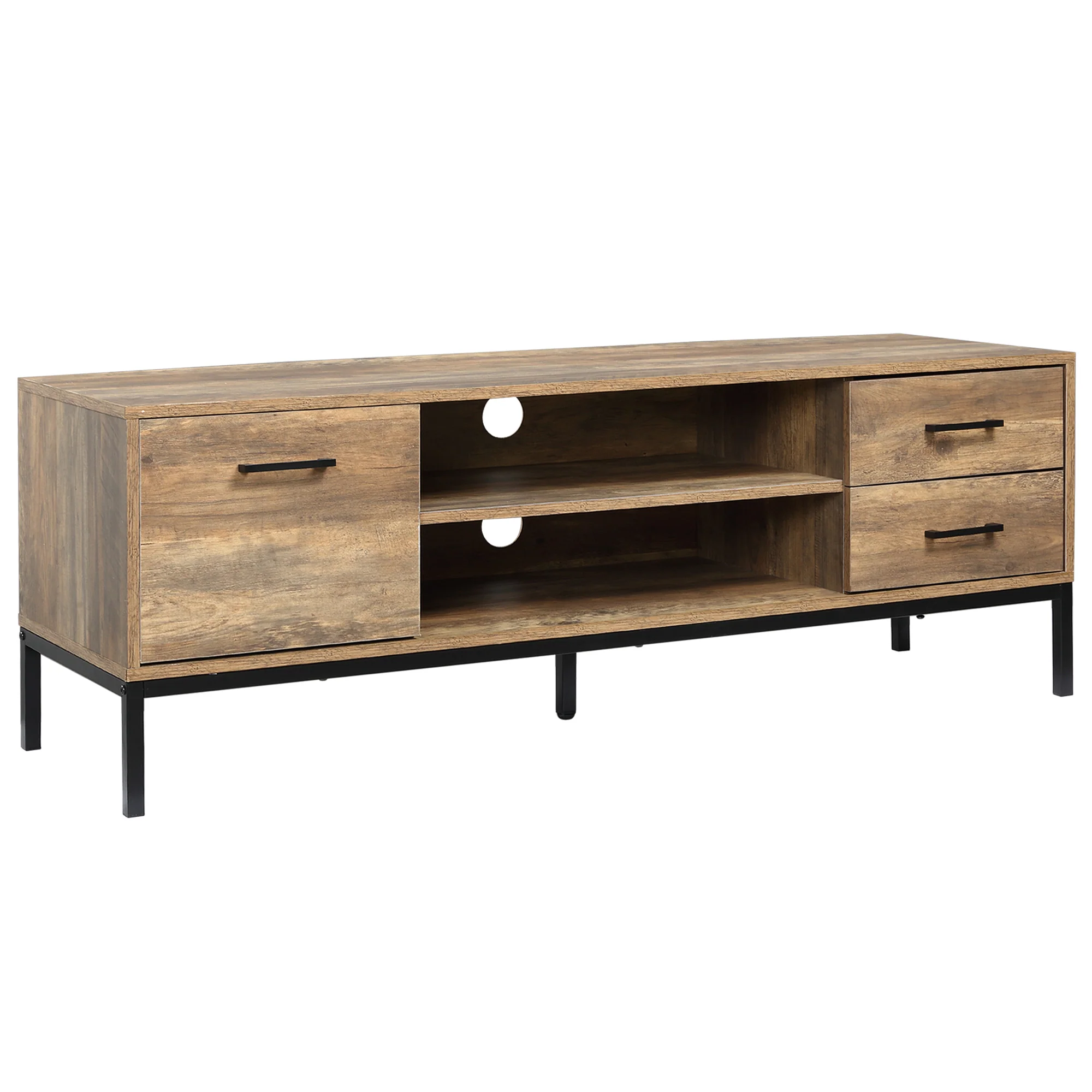 Meuble TV meuble télé bois banc TV pour téléviseur jusqu'à 50 pouces avec placard 2 tiroirs 2 niches 2 passe-câbles pour salon salle à manger chambre à coucher, 132 x 39 x 45,5 cm marron noir - Image 2