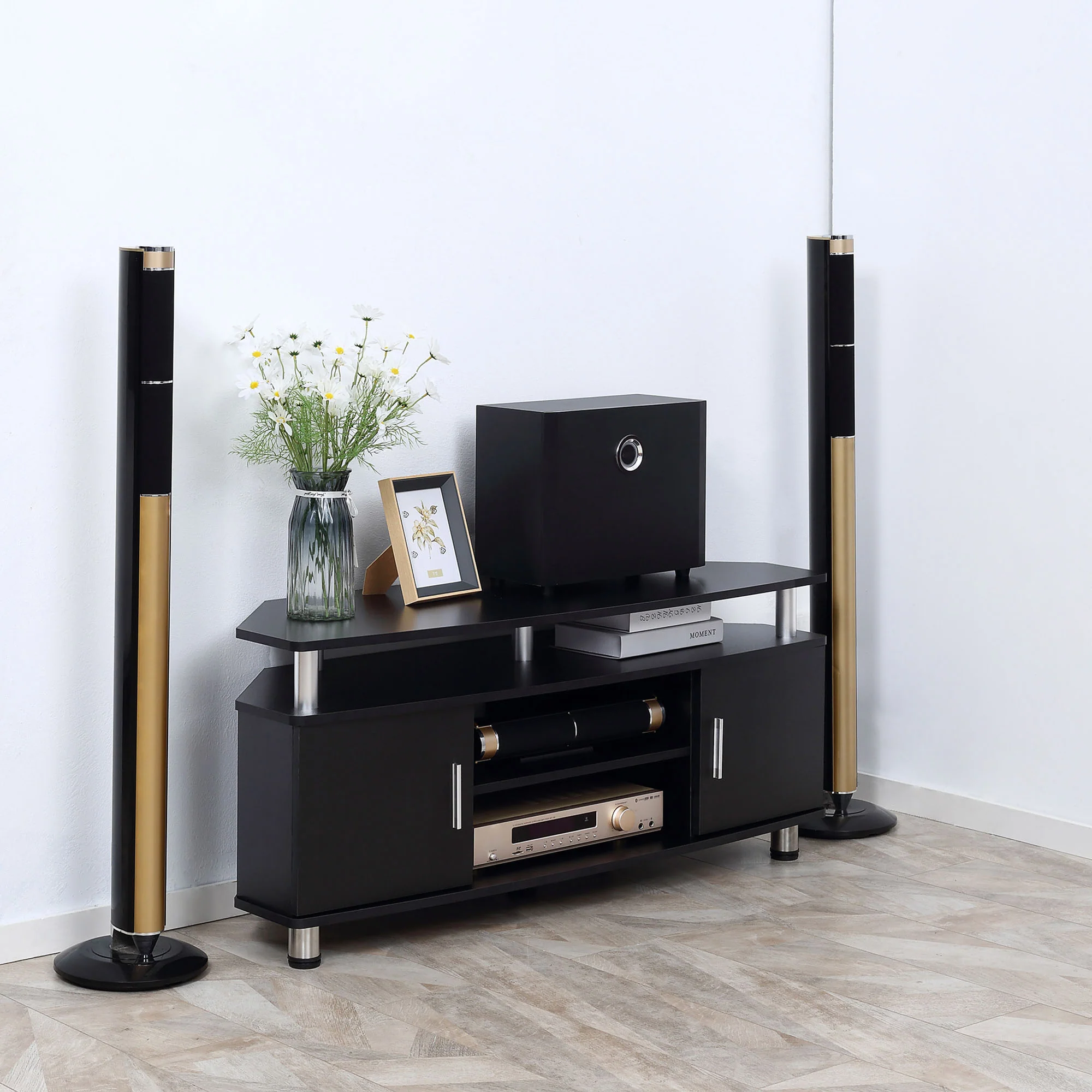 Meuble TV meuble télé bois banc TV pour téléviseur jusqu'à 55 pouces avec grand plateau, placards à portes et compartiment ouvert pour salon chambre à coucher, 120 x 40 x 52 cm, noir - Image 3
