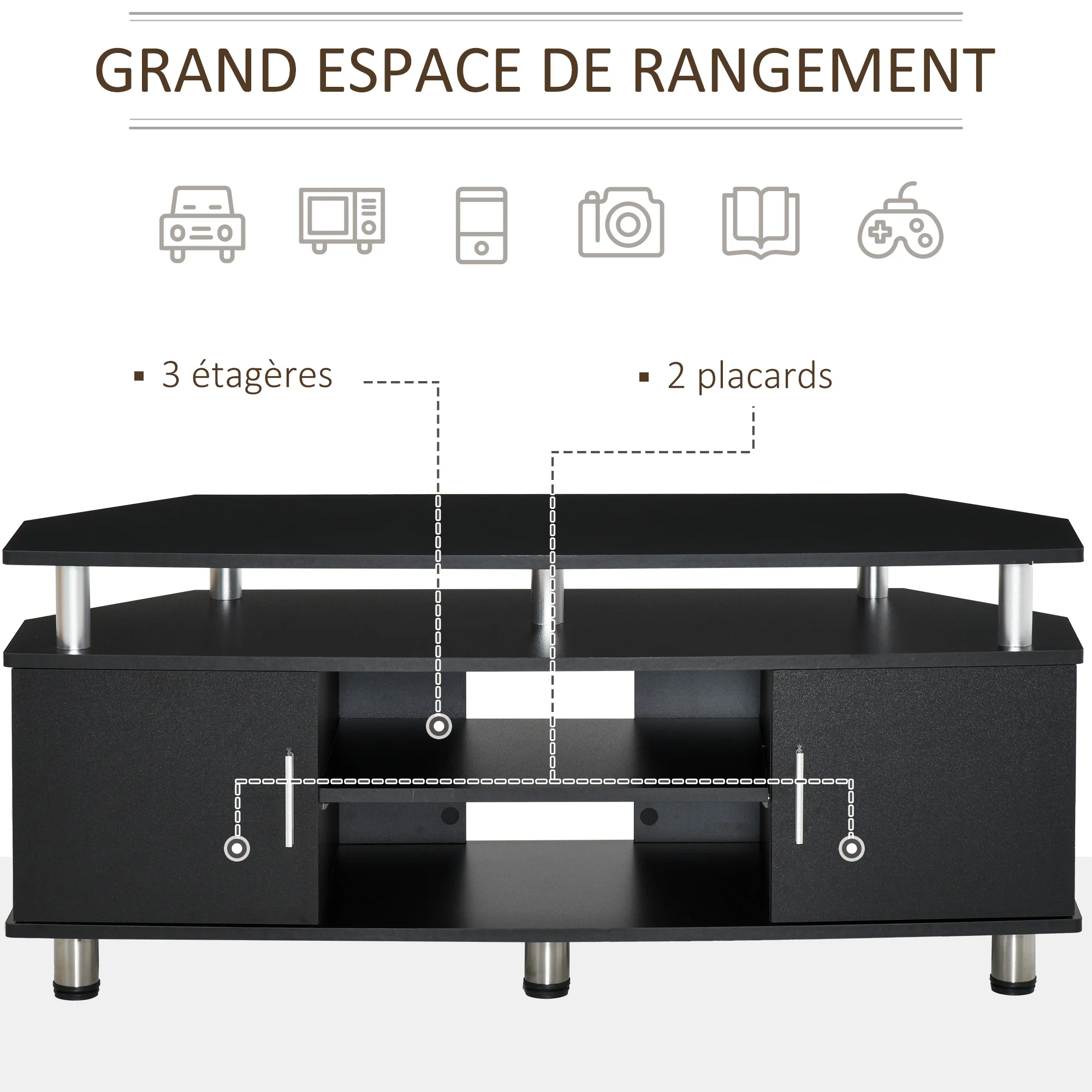 Meuble TV meuble télé bois banc TV pour téléviseur jusqu'à 55 pouces avec grand plateau, placards à portes et compartiment ouvert pour salon chambre à coucher, 120 x 40 x 52 cm, noir - Image 6