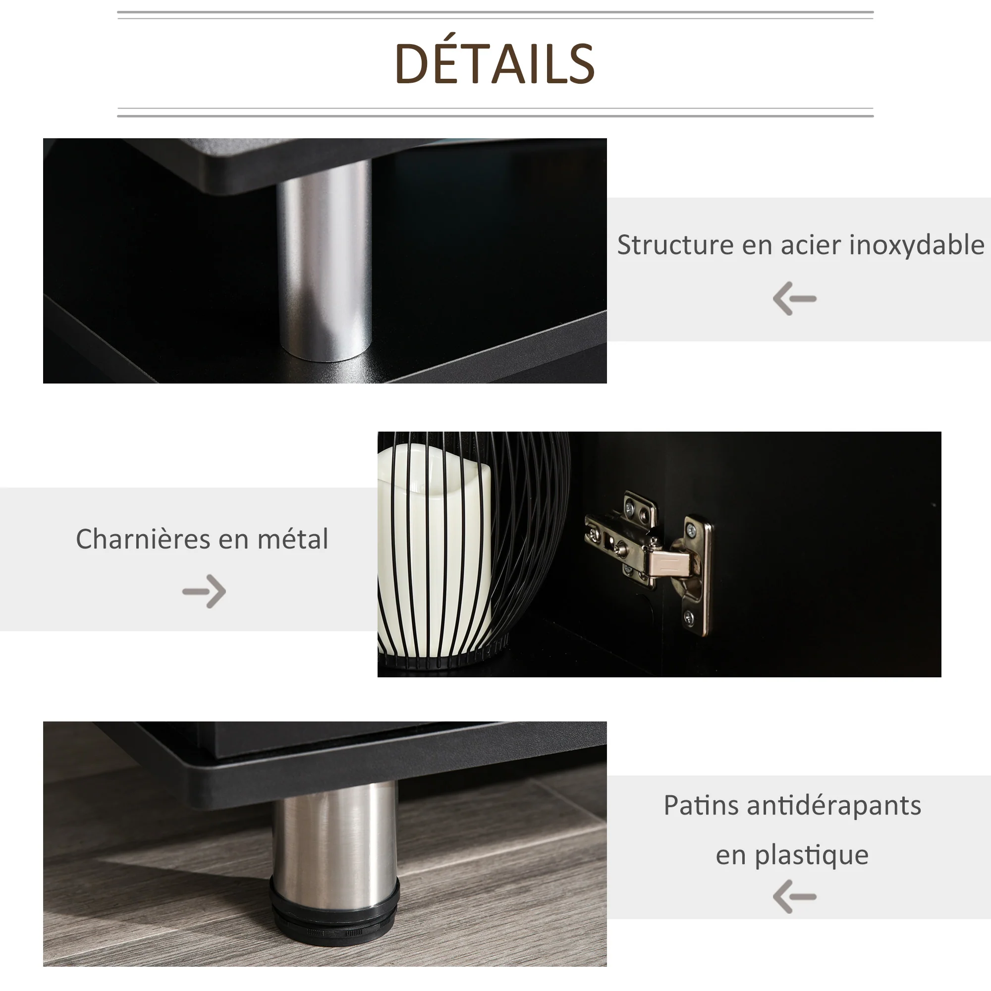 Meuble TV meuble télé bois banc TV pour téléviseur jusqu'à 55 pouces avec grand plateau, placards à portes et compartiment ouvert pour salon chambre à coucher, 120 x 40 x 52 cm, noir - Image 7