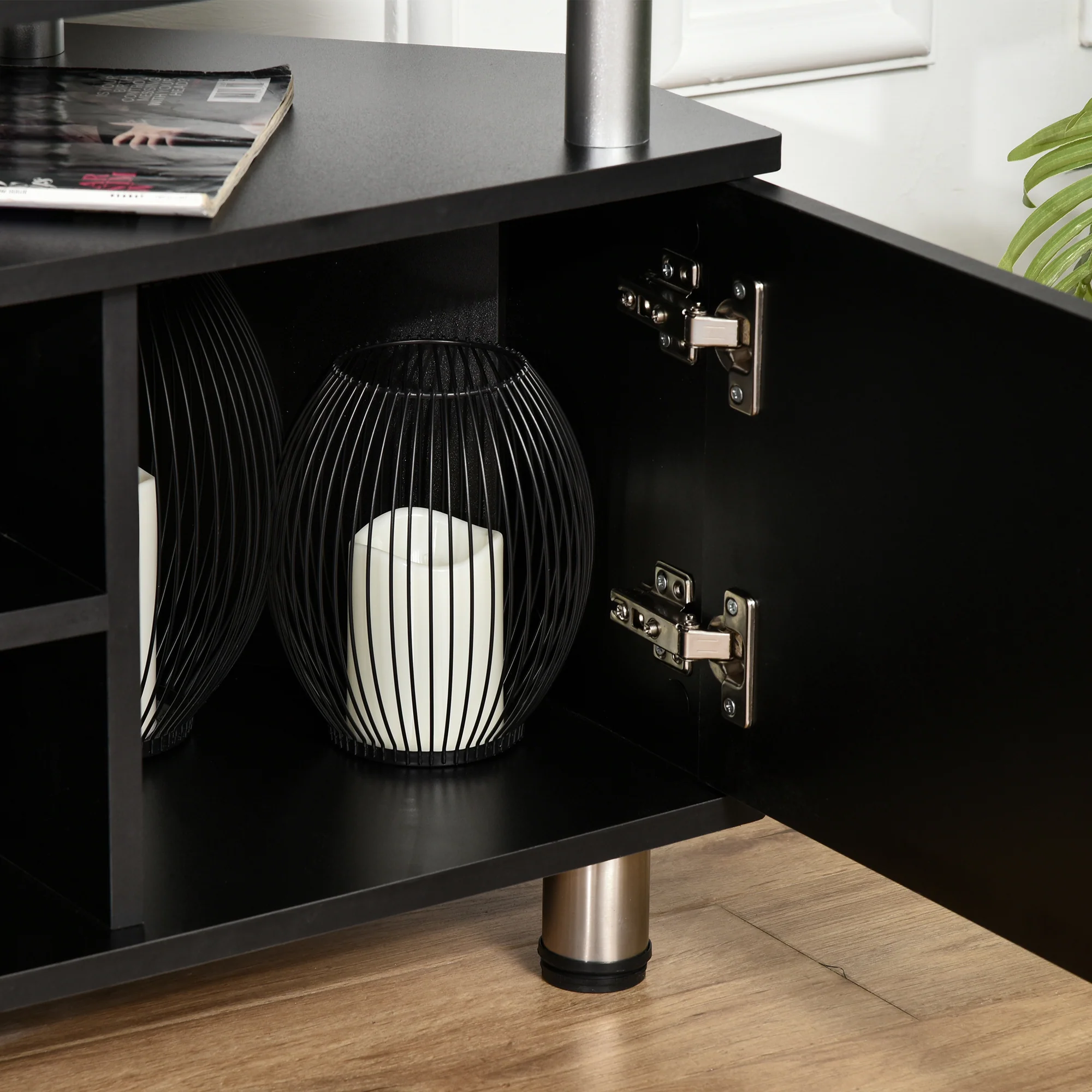Meuble TV meuble télé bois banc TV pour téléviseur jusqu'à 55 pouces avec grand plateau, placards à portes et compartiment ouvert pour salon chambre à coucher, 120 x 40 x 52 cm, noir - Image 8