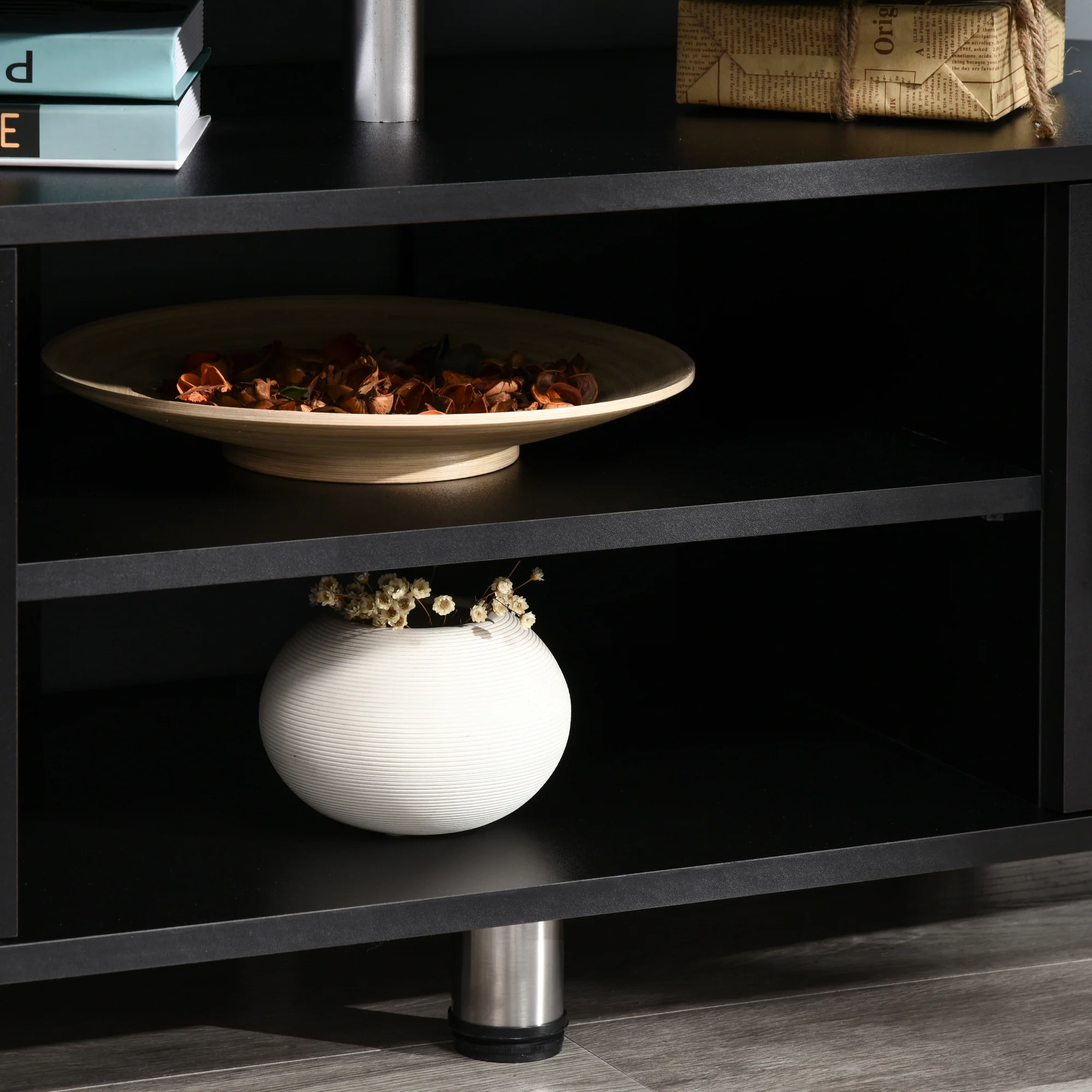 Meuble TV meuble télé bois banc TV pour téléviseur jusqu'à 55 pouces avec grand plateau, placards à portes et compartiment ouvert pour salon chambre à coucher, 120 x 40 x 52 cm, noir - Image 9