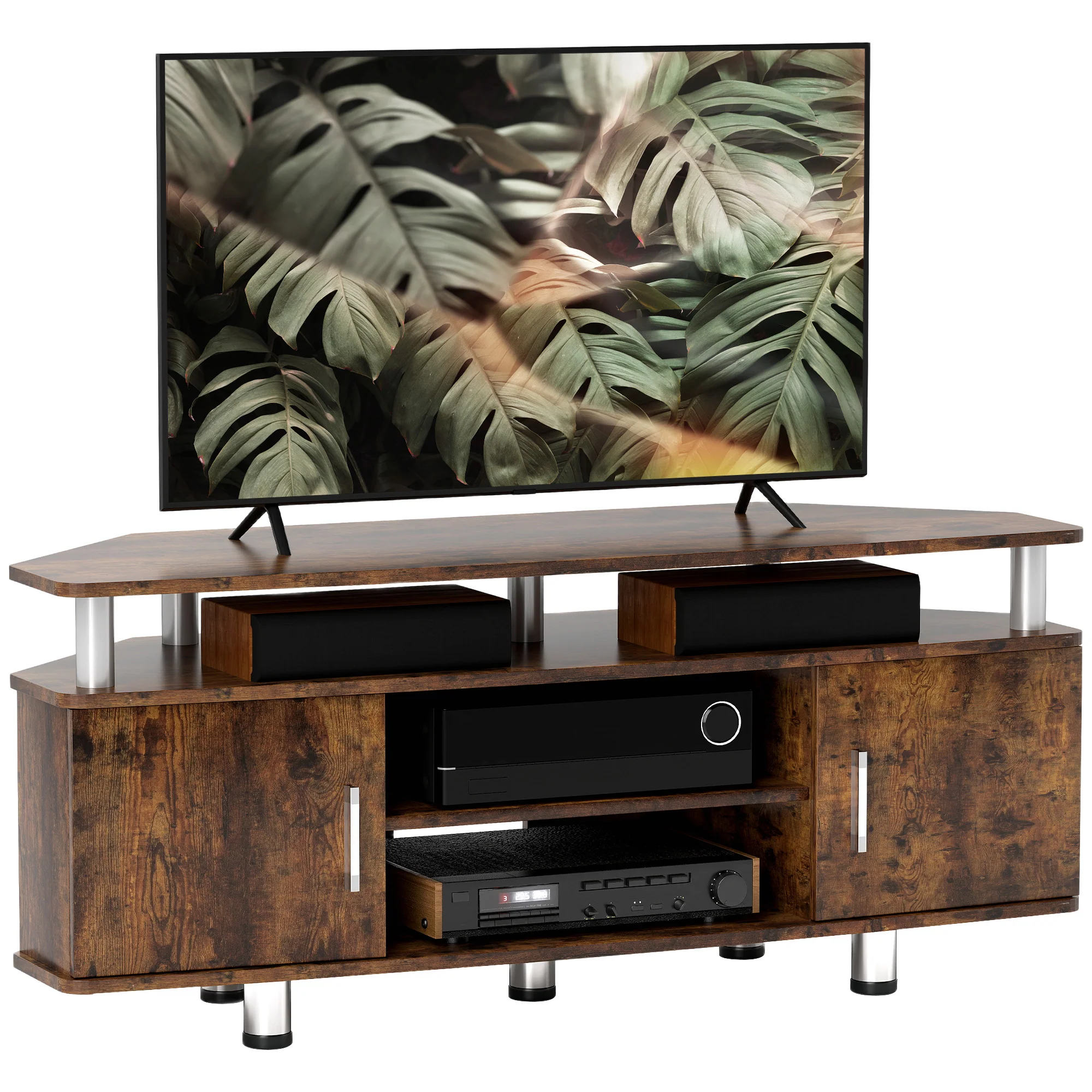 Meuble TV meuble télé bois banc TV pour téléviseur jusqu'à 55 pouces avec grand plateau, placards à portes et compartiment ouvert pour salon chambre à coucher, 120 x 40 x 52 cm, marron - Image 10