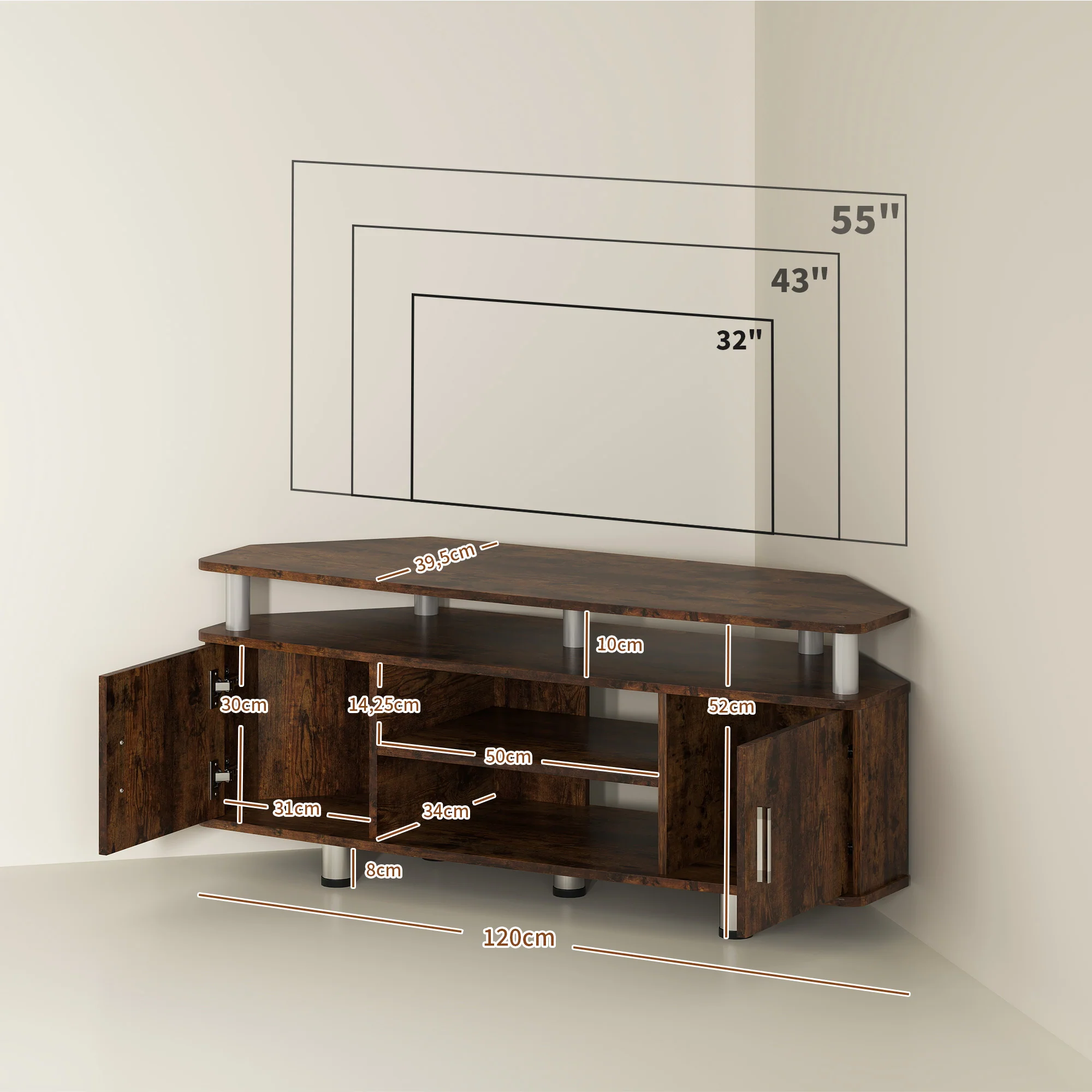 Meuble TV meuble télé bois banc TV pour téléviseur jusqu'à 55 pouces avec grand plateau, placards à portes et compartiment ouvert pour salon chambre à coucher, 120 x 40 x 52 cm, marron - Image 4