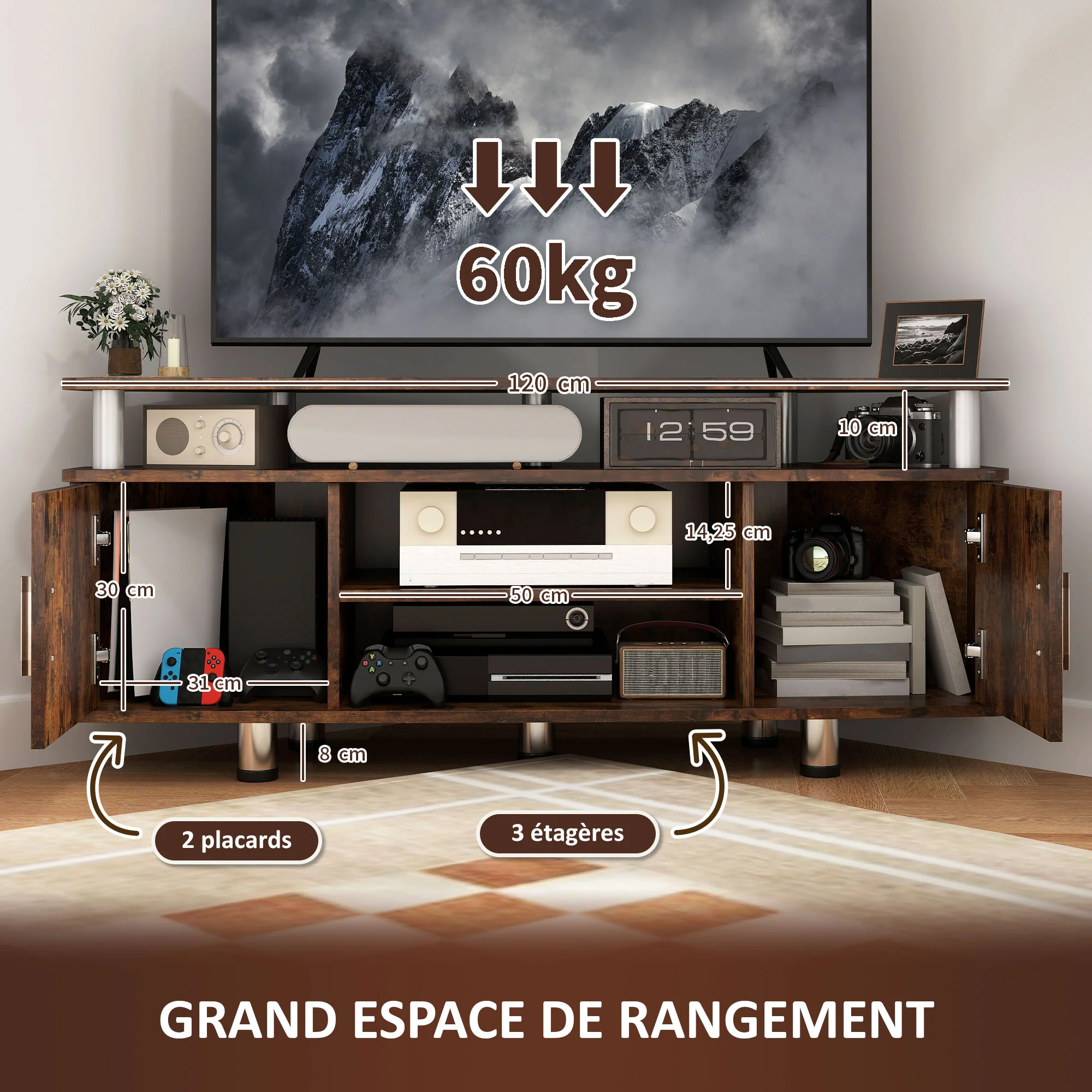 Meuble TV meuble télé bois banc TV pour téléviseur jusqu'à 55 pouces avec grand plateau, placards à portes et compartiment ouvert pour salon chambre à coucher, 120 x 40 x 52 cm, marron - Image 5