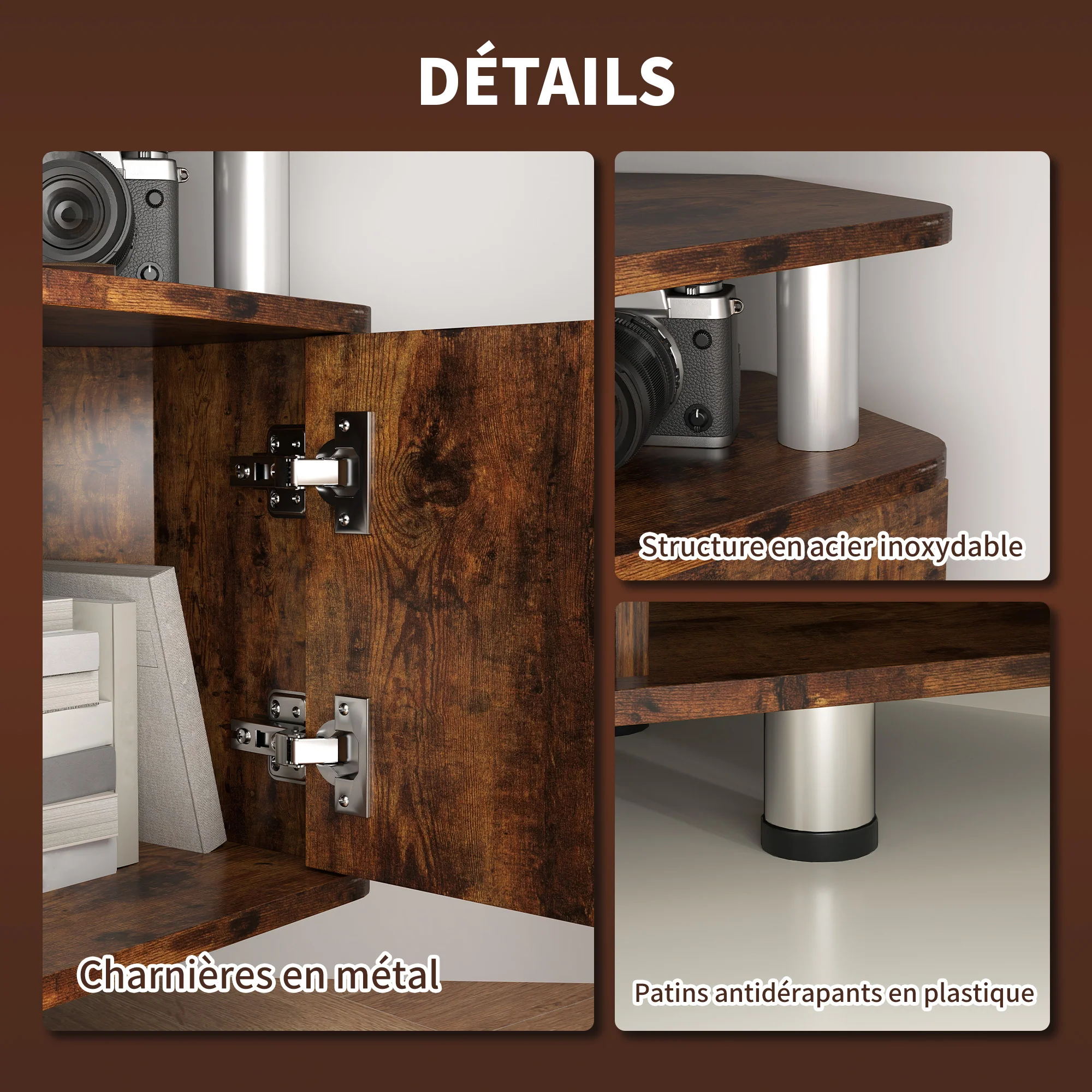 Meuble TV meuble télé bois banc TV pour téléviseur jusqu'à 55 pouces avec grand plateau, placards à portes et compartiment ouvert pour salon chambre à coucher, 120 x 40 x 52 cm, marron - Image 6