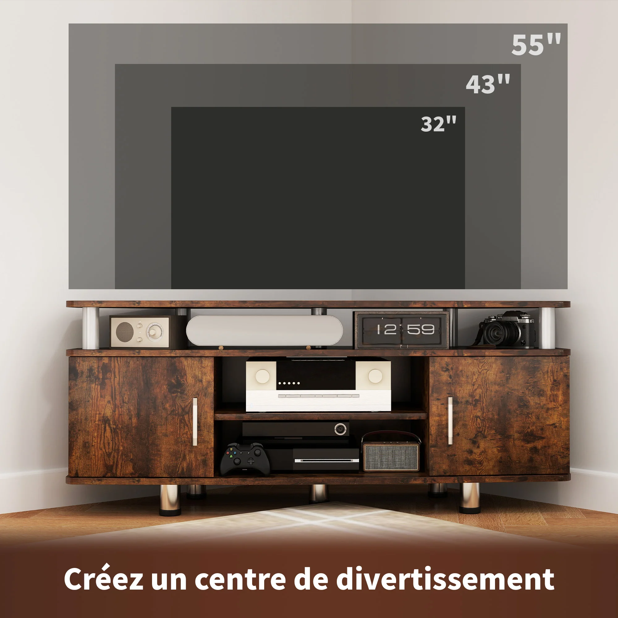 Meuble TV meuble télé bois banc TV pour téléviseur jusqu'à 55 pouces avec grand plateau, placards à portes et compartiment ouvert pour salon chambre à coucher, 120 x 40 x 52 cm, marron - Image 7