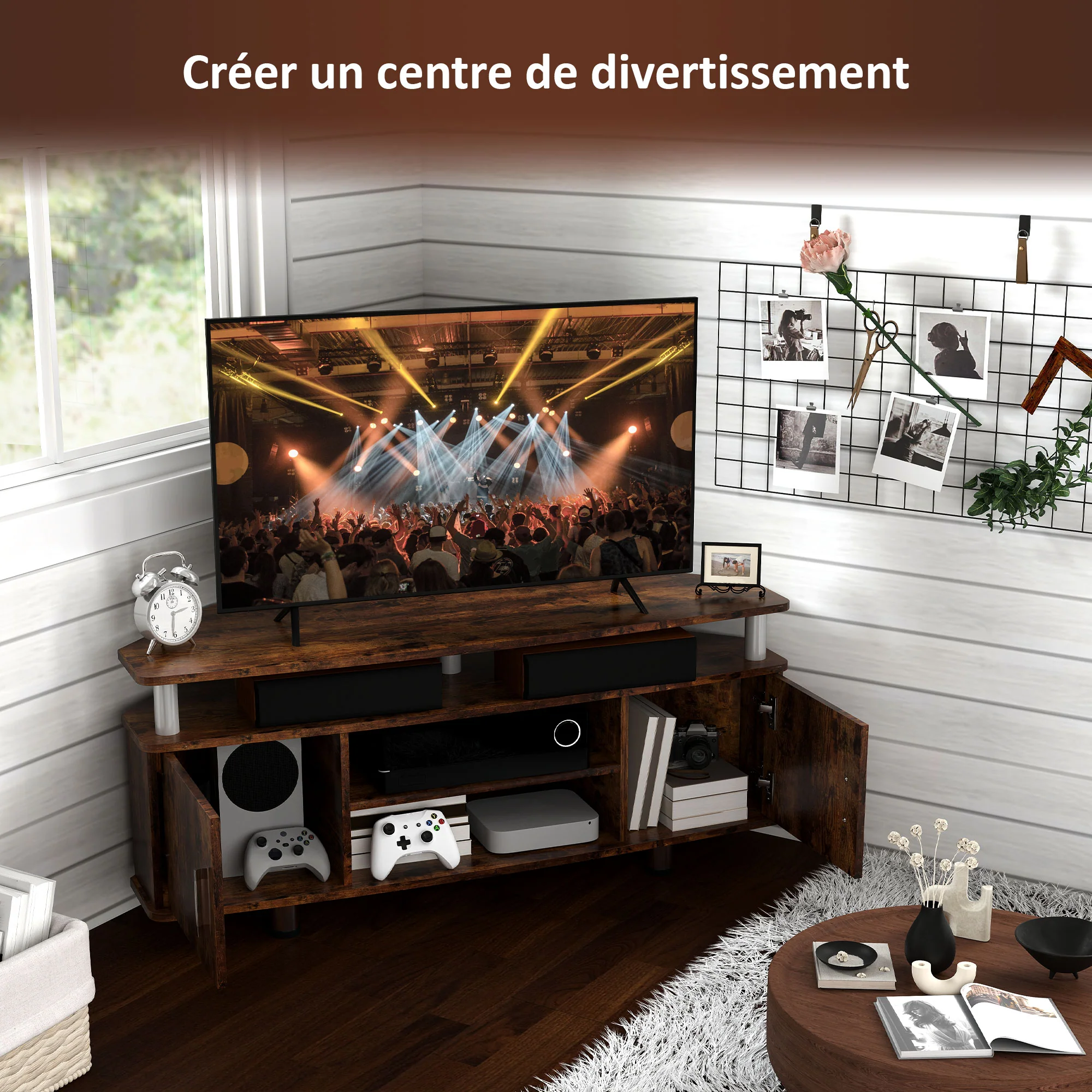 Meuble TV meuble télé bois banc TV pour téléviseur jusqu'à 55 pouces avec grand plateau, placards à portes et compartiment ouvert pour salon chambre à coucher, 120 x 40 x 52 cm, marron - Image 8