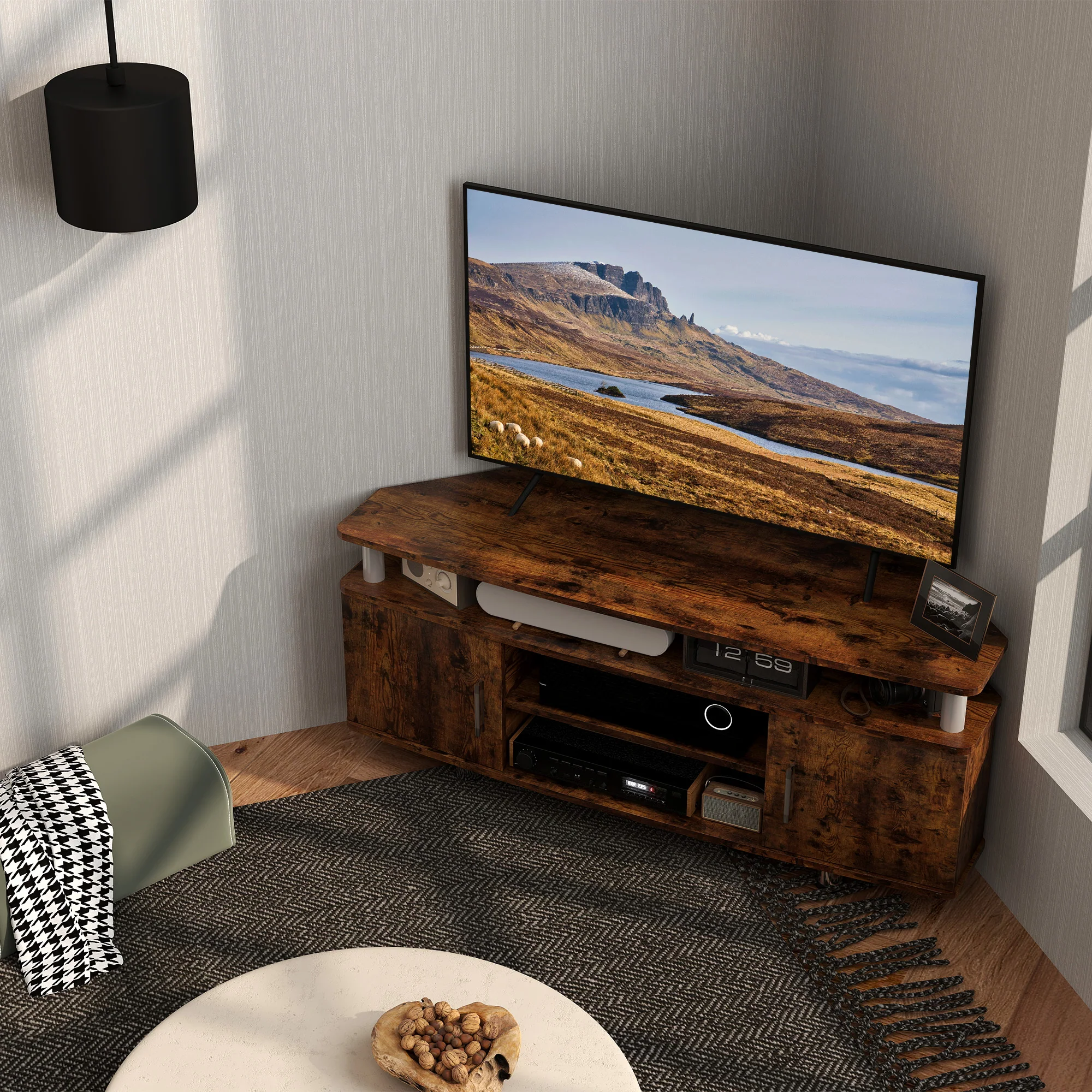 Meuble TV meuble télé bois banc TV pour téléviseur jusqu'à 55 pouces avec grand plateau, placards à portes et compartiment ouvert pour salon chambre à coucher, 120 x 40 x 52 cm, marron - Image 9