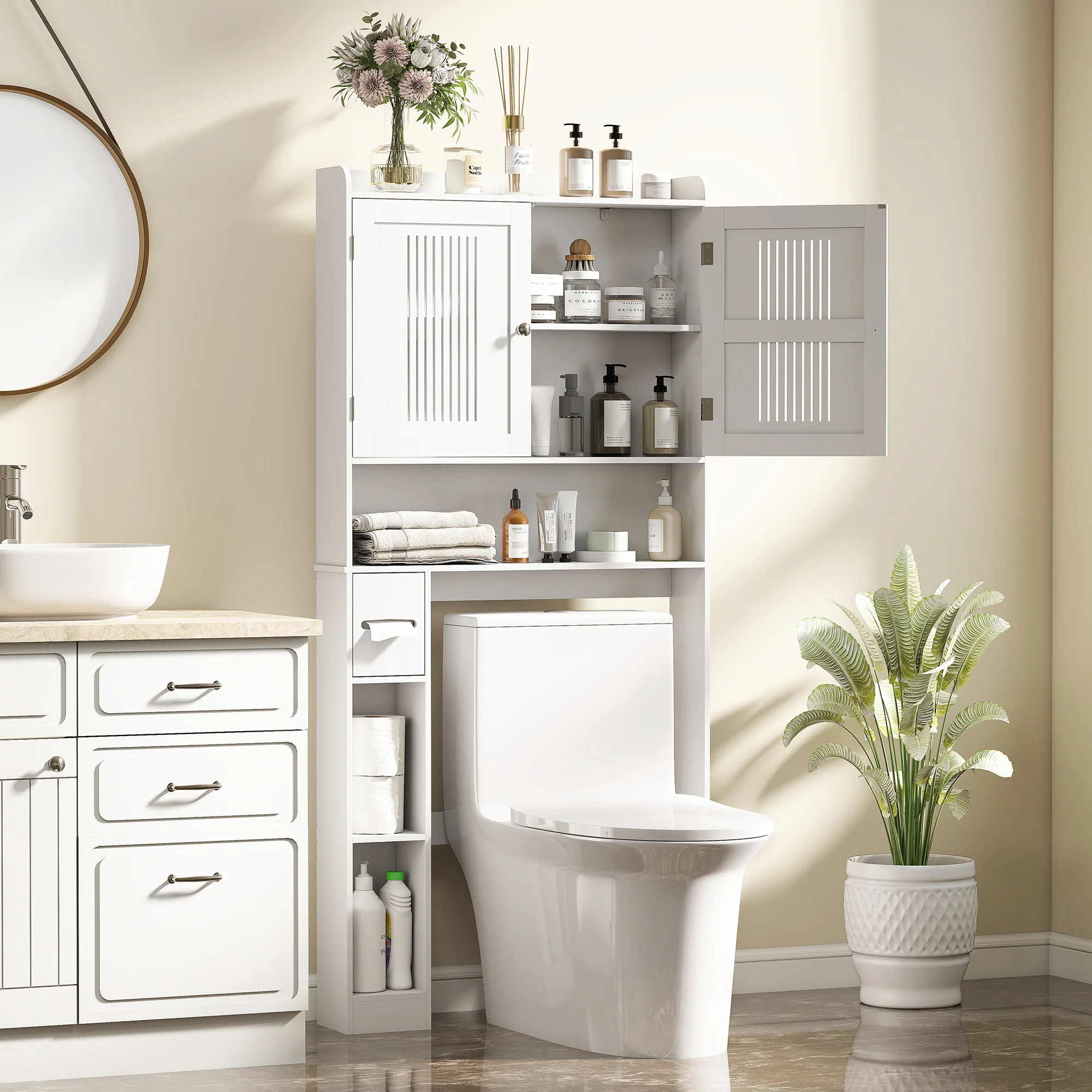 Meuble WC dessus de toilette/machine à laver avec placard à porte double, étagère réglable, meuble toilettes WC rangement armoire salle de bain avec niches et porte-papier, 80x19,5x170cm, blanc - Image 3
