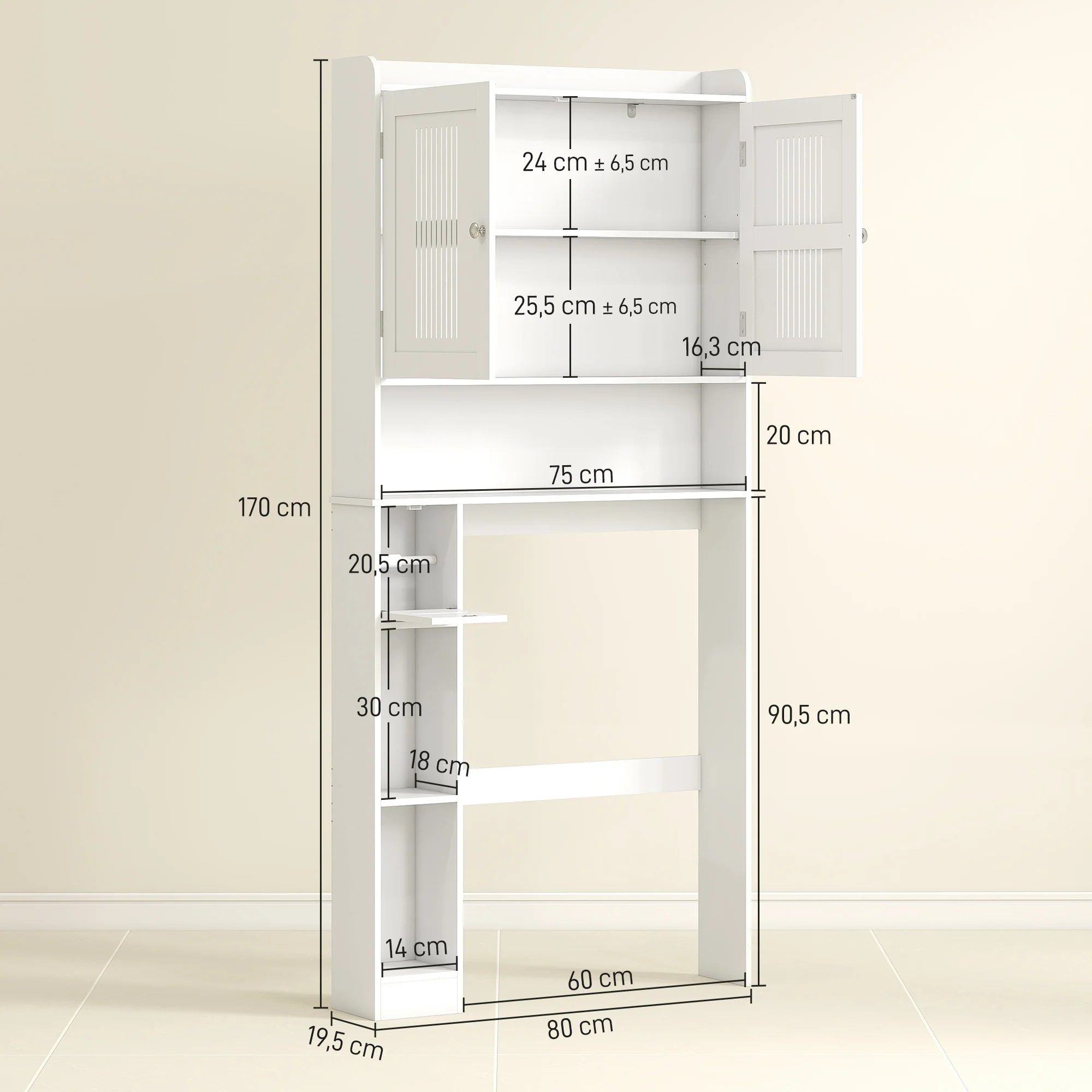 Meuble WC dessus de toilette/machine à laver avec placard à porte double, étagère réglable, meuble toilettes WC rangement armoire salle de bain avec niches et porte-papier, 80x19,5x170cm, blanc - Image 4