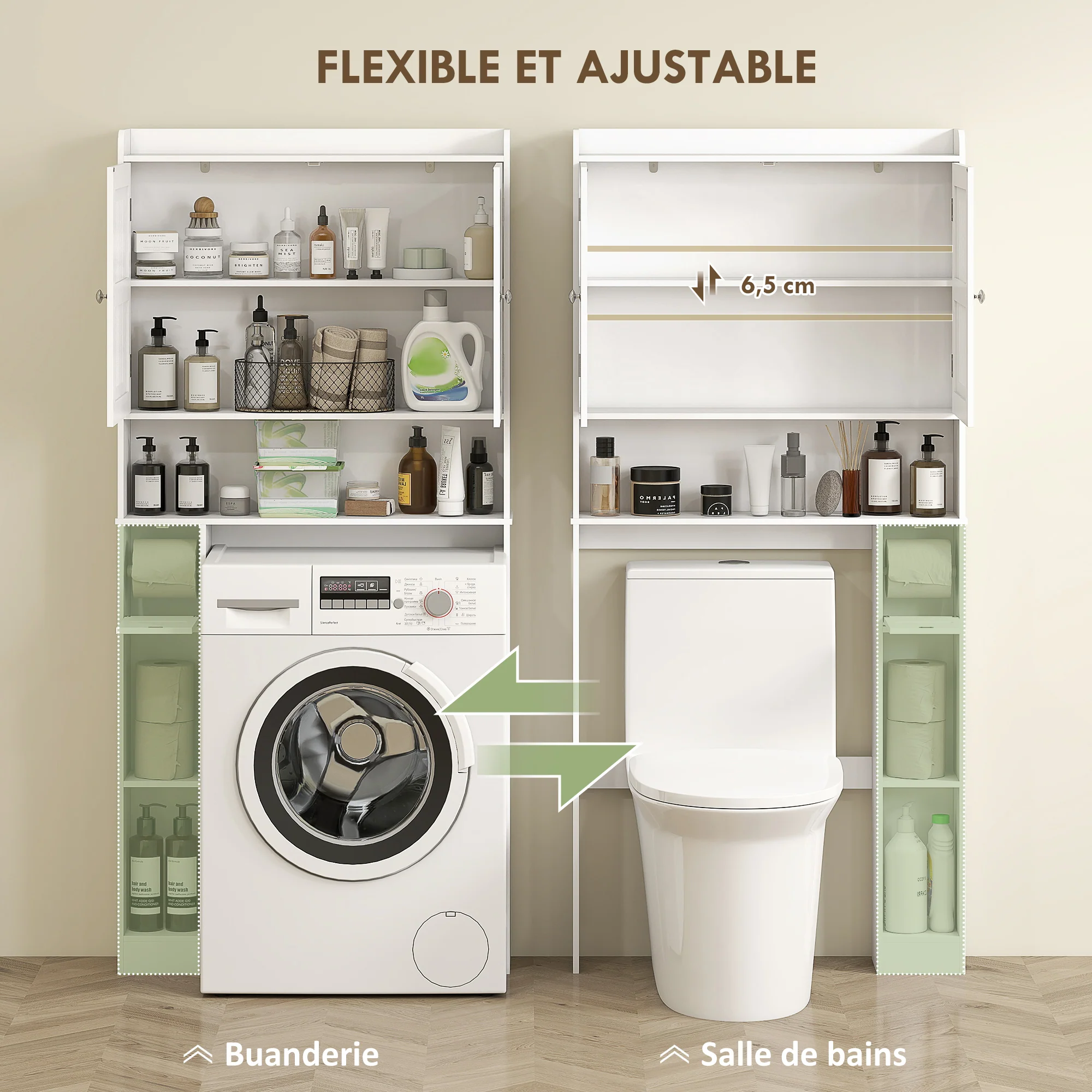 Meuble WC dessus de toilette/machine à laver avec placard à porte double, étagère réglable, meuble toilettes WC rangement armoire salle de bain avec niches et porte-papier, 80x19,5x170cm, blanc - Image 6